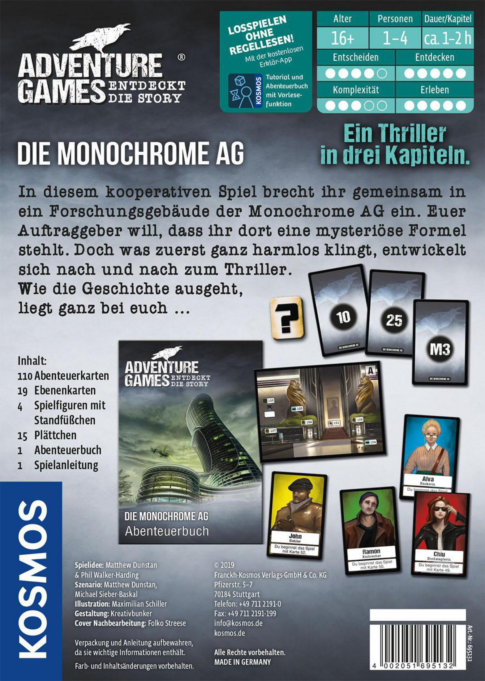 Brettspielbox. Die Rückseite der Box, mit Text und Bildern von Spielkomponenten. Dunkler Hintergrund.