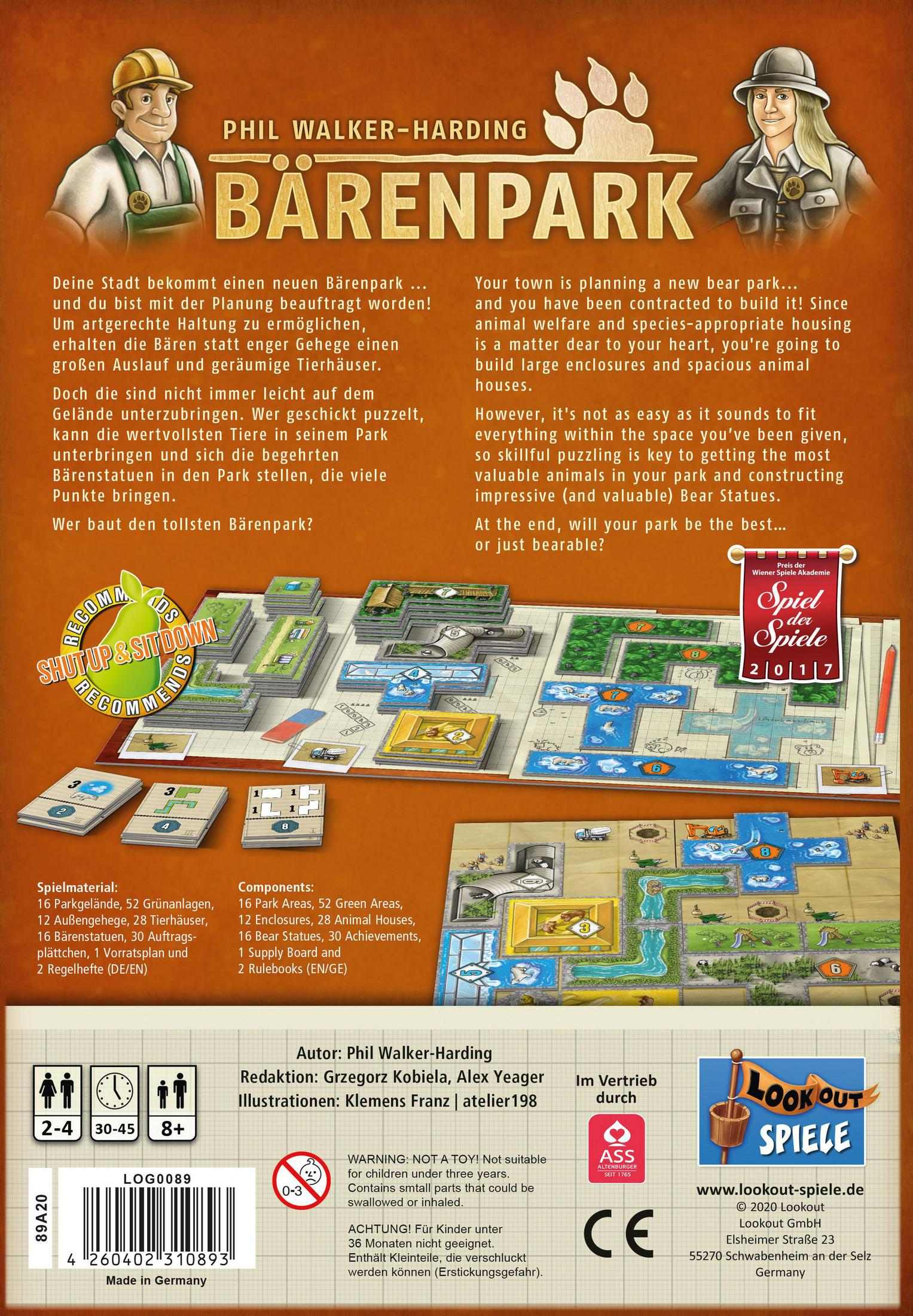 Brettspielbox mit Text und Illustrationen eines Parks und zwei Personen. Text auf Deutsch.