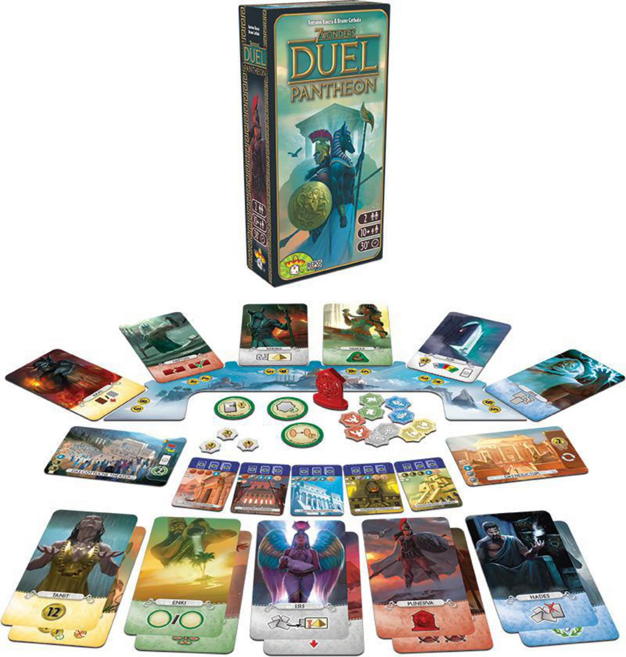 Duel Pantheon Brettspiel-Set. Enthält eine Box, Spielbrett, Karten, Marker und Figuren. Griechisches Thema.