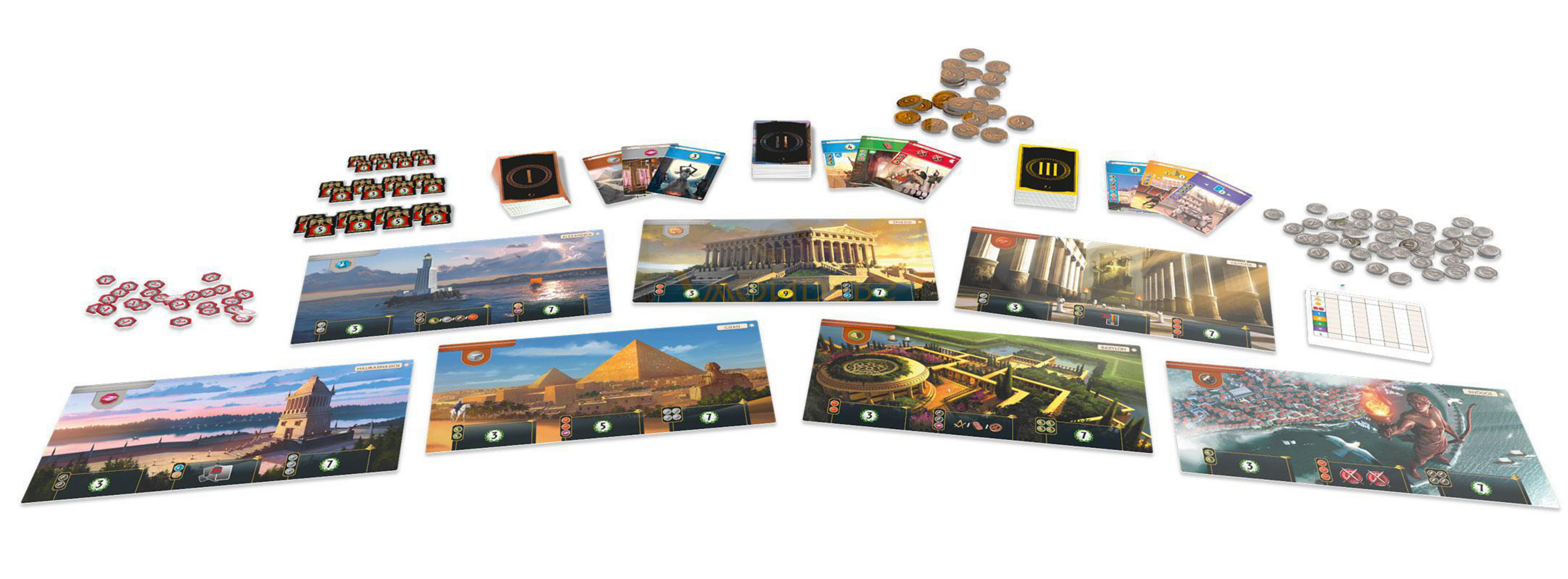 Brettspielkomponenten: Karten, Gebäude, Münzen und Spielbretter sind angeordnet.