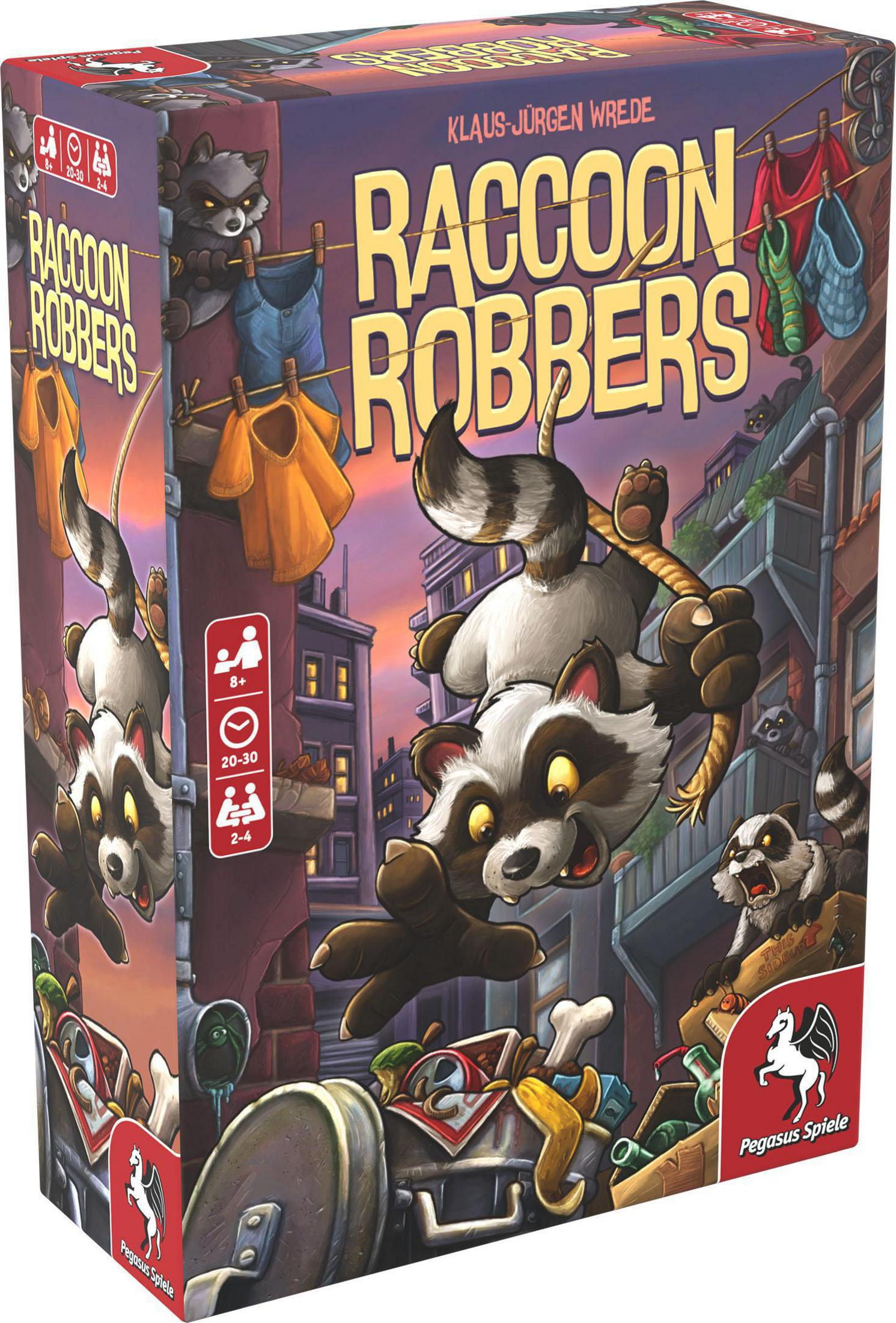 Spielbox mit Artwork von Waschbären in einer Stadtkulisse, mit dem Titel 'Raccoon Robbers' auf der Box.