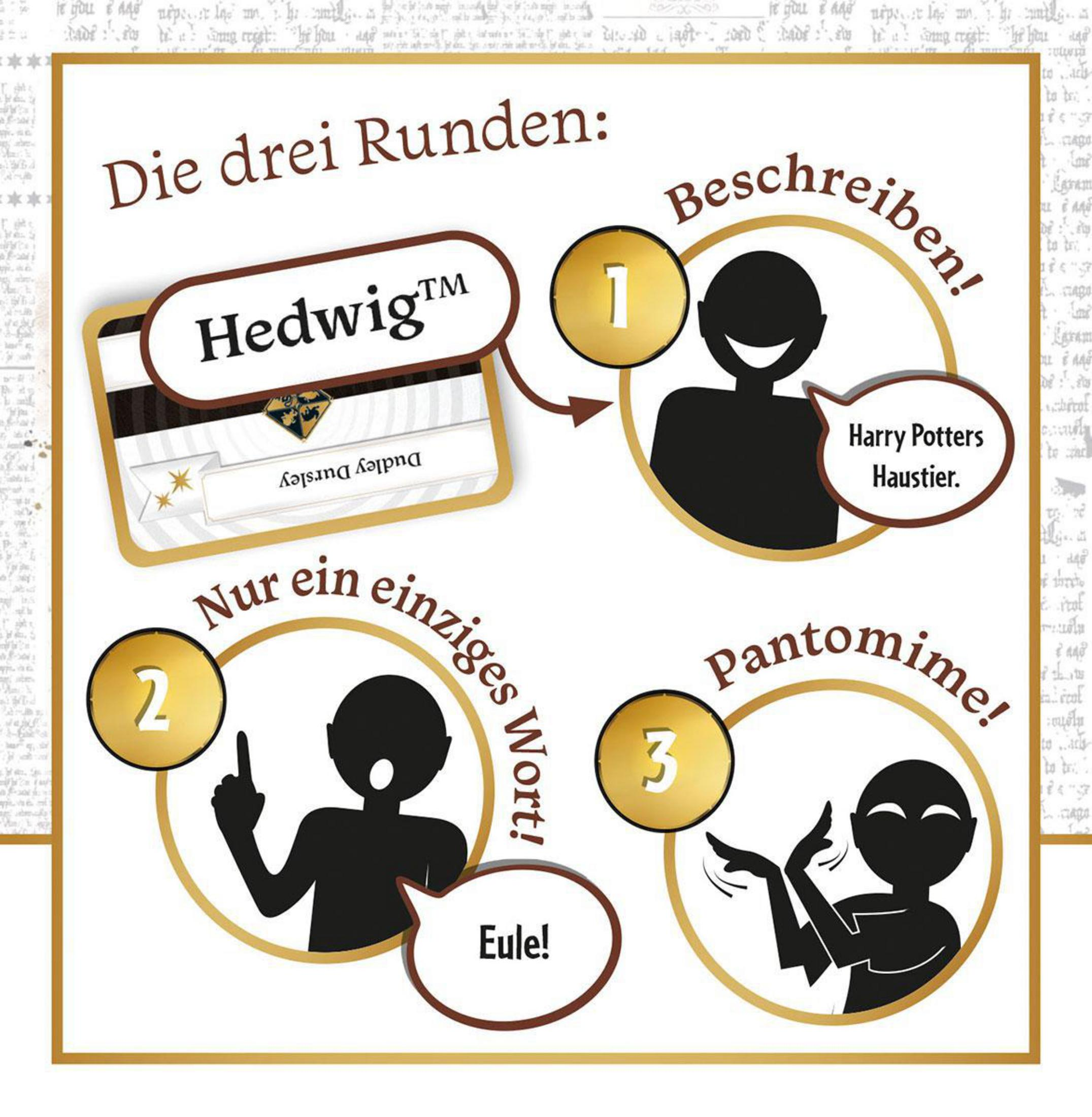 Ein Spielratgeber mit drei Schritten: Beschreiben, ein einziges Wort, und Pantomime, mit Hedwig-Karte.