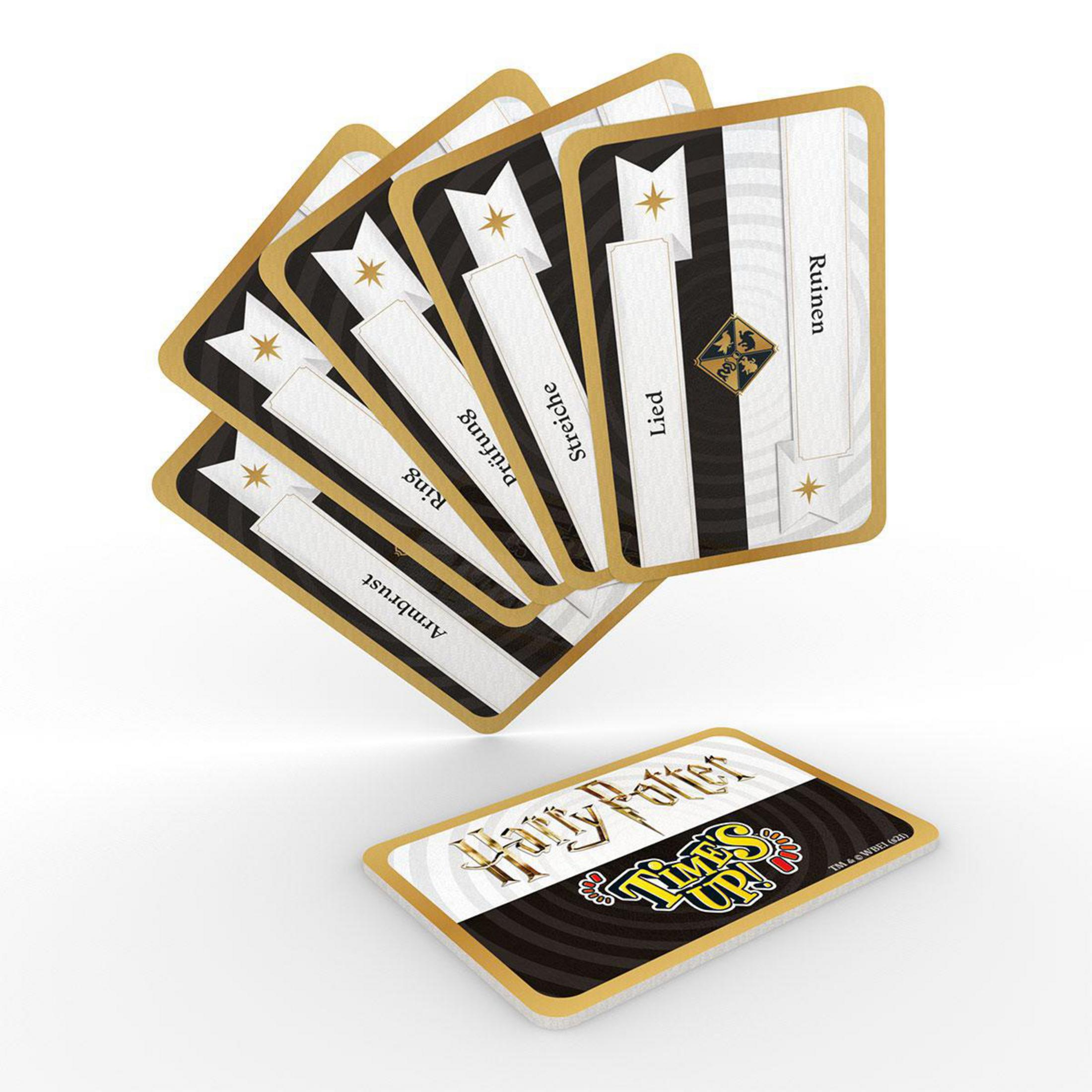 Harry Potter Kartenspiel. Karten sind schwarz-weiß mit goldenen Rändern und Sternsymbolen.