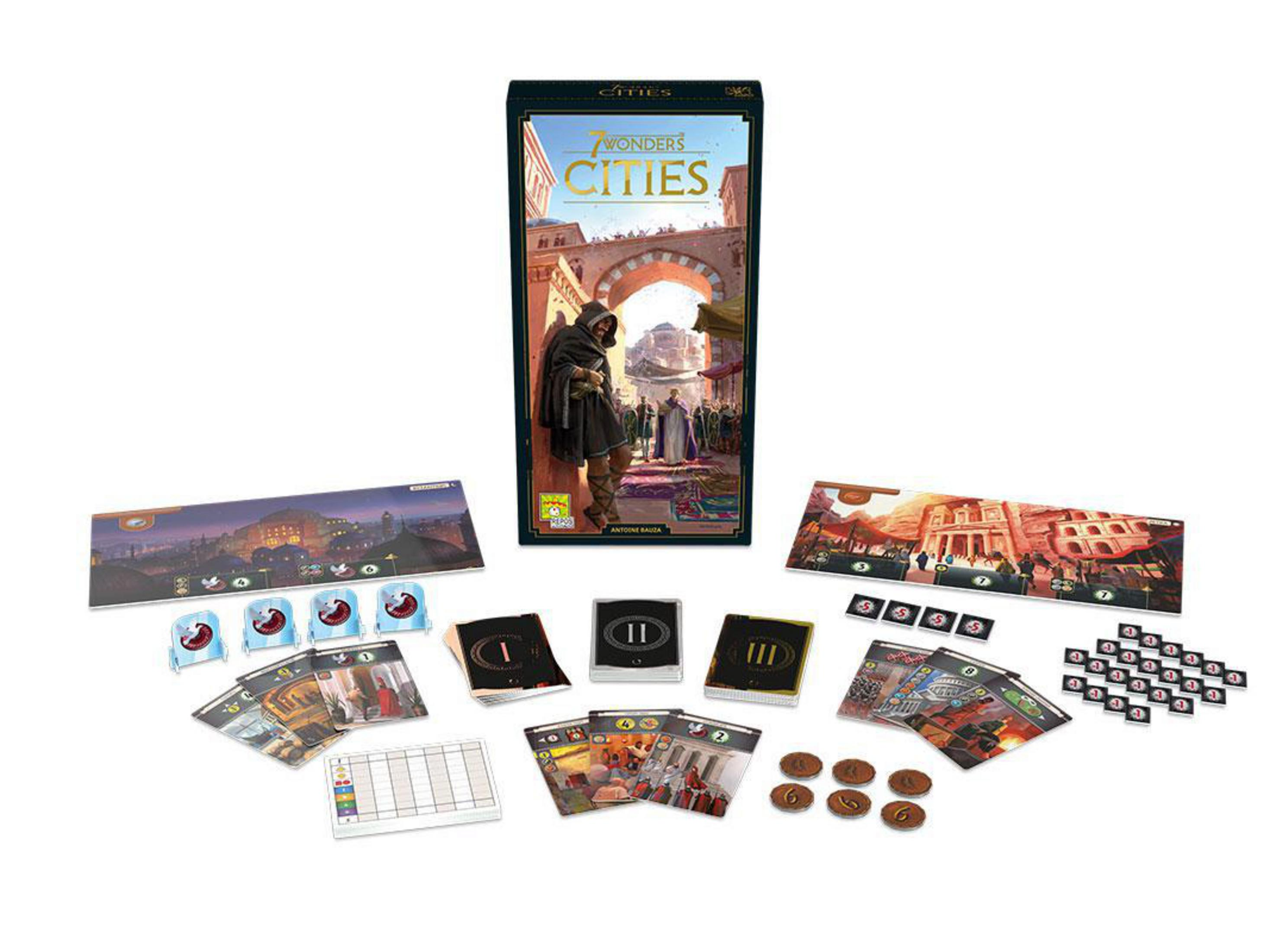 Spielbox mit einer Stadtszene und Spielsteinen. Die Box ist mit '7 Wonders Cities' beschriftet.