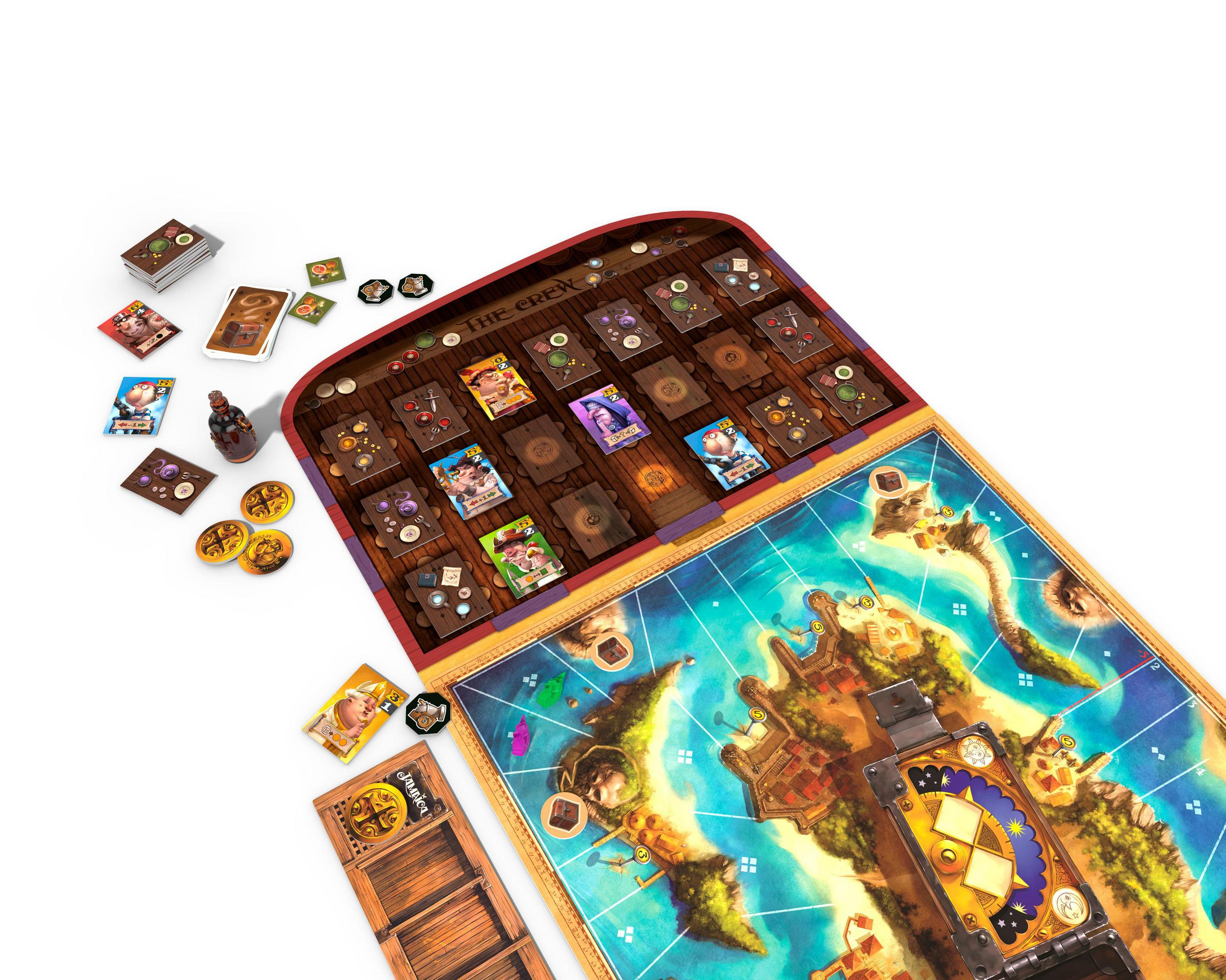Ein Brettspiel im Gange. Es zeigt ein Boot und eine Insel mit Karten und Spielsteinen auf dem Spielbrett.