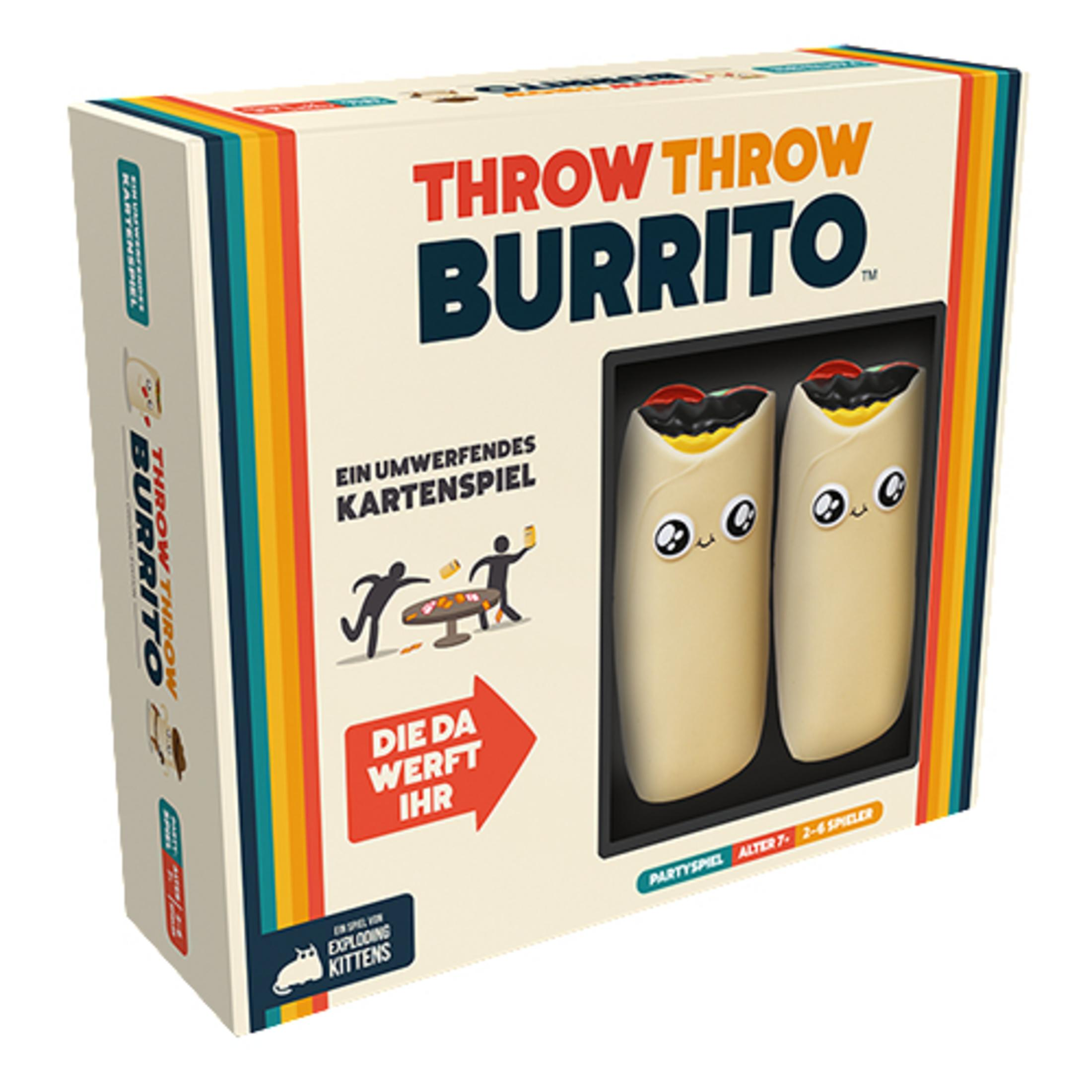 Schachtel des Kartenspiels 'Throw Throw Burrito', zeigt Cartoon-Burritos und Details.