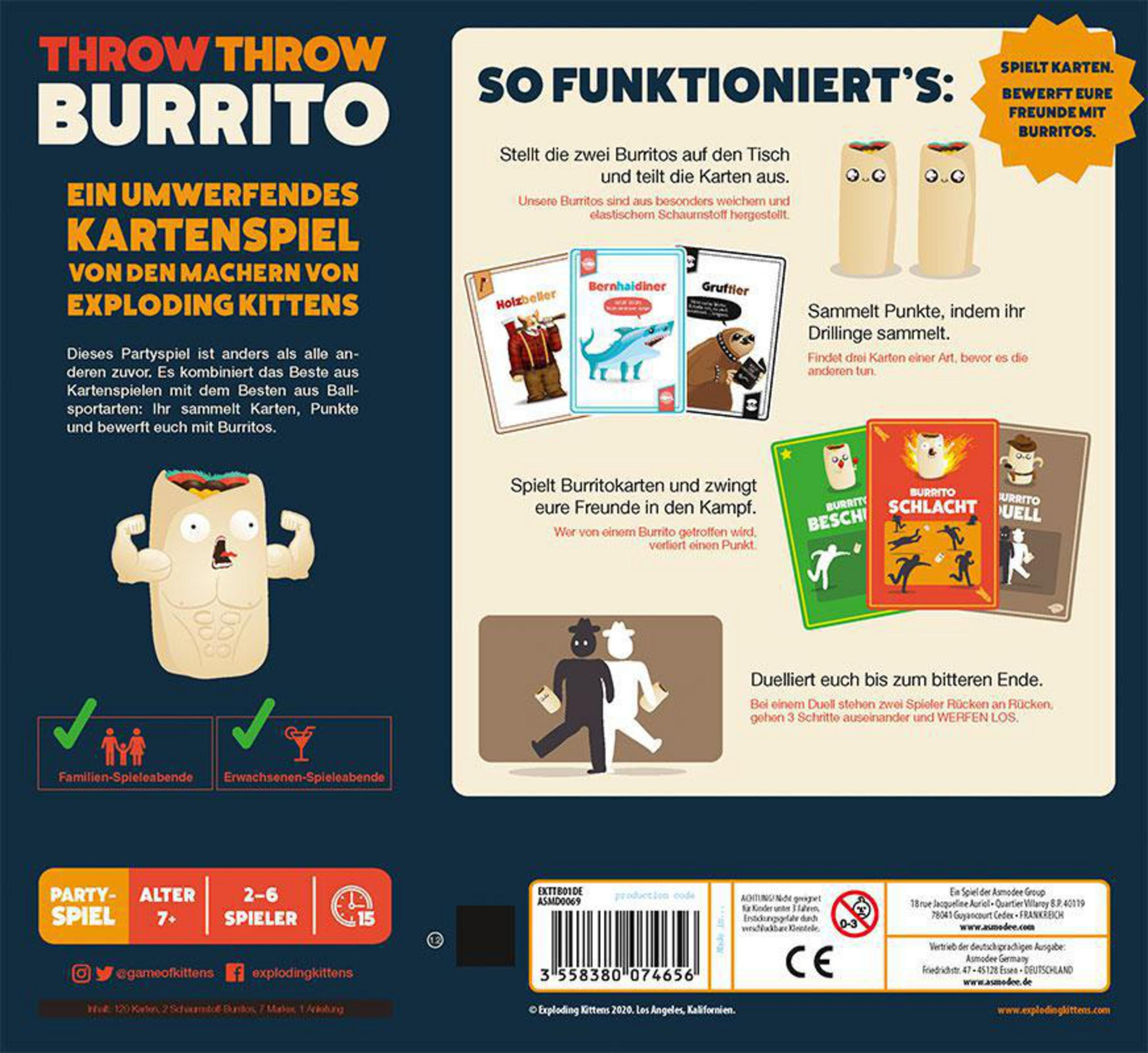 Throw Throw Burrito Kartenspielbox mit Illustrationen und Text.