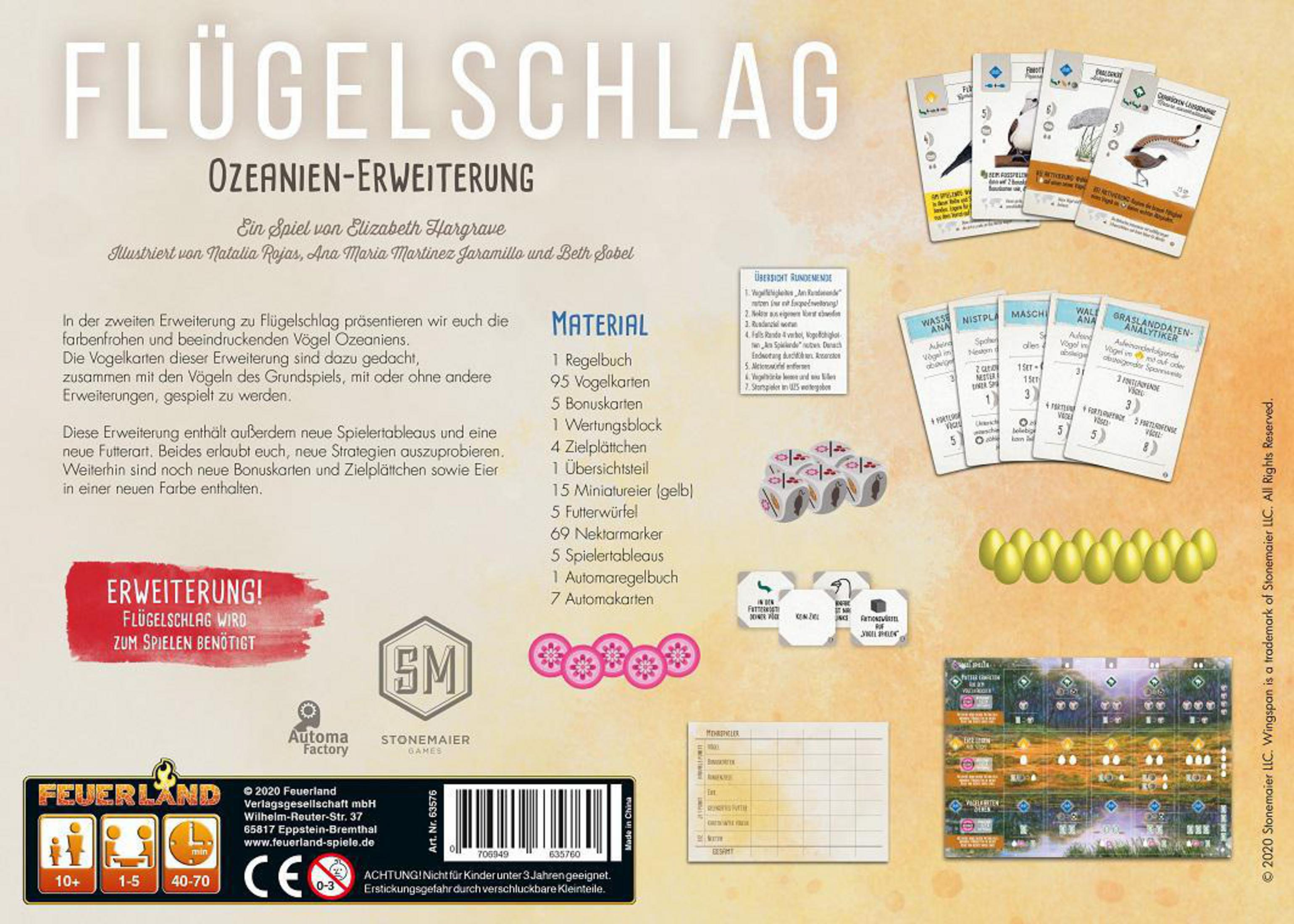 Rückseite einer Brettspielbox. Mehrere Karten, Anweisungen und Würfel sind sichtbar. Text in Deutsch.