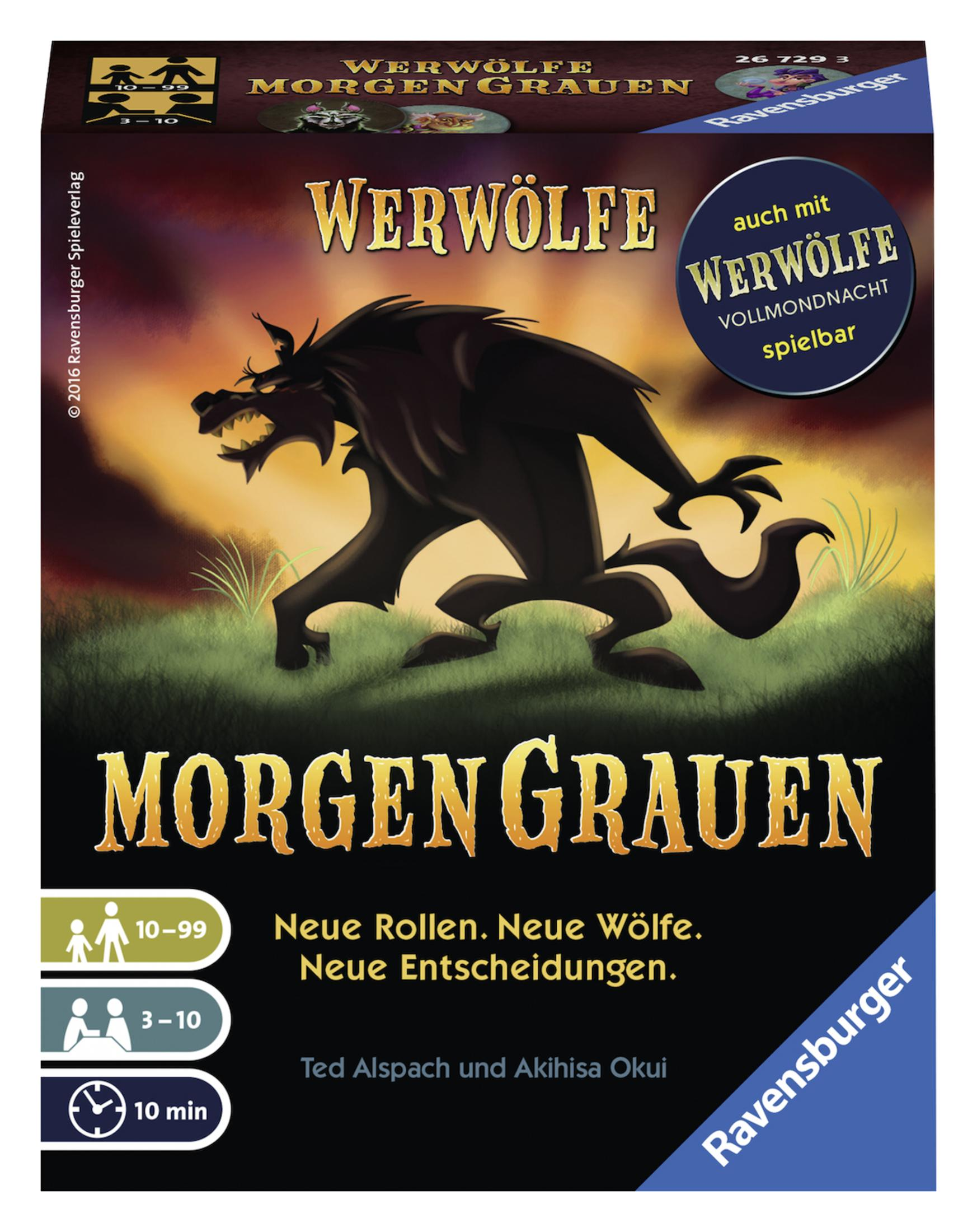 Scatola del gioco da tavolo intitolata 'Werwölfe Morgen Grauen' con un'illustrazione di lupo mannaro, su bianco.