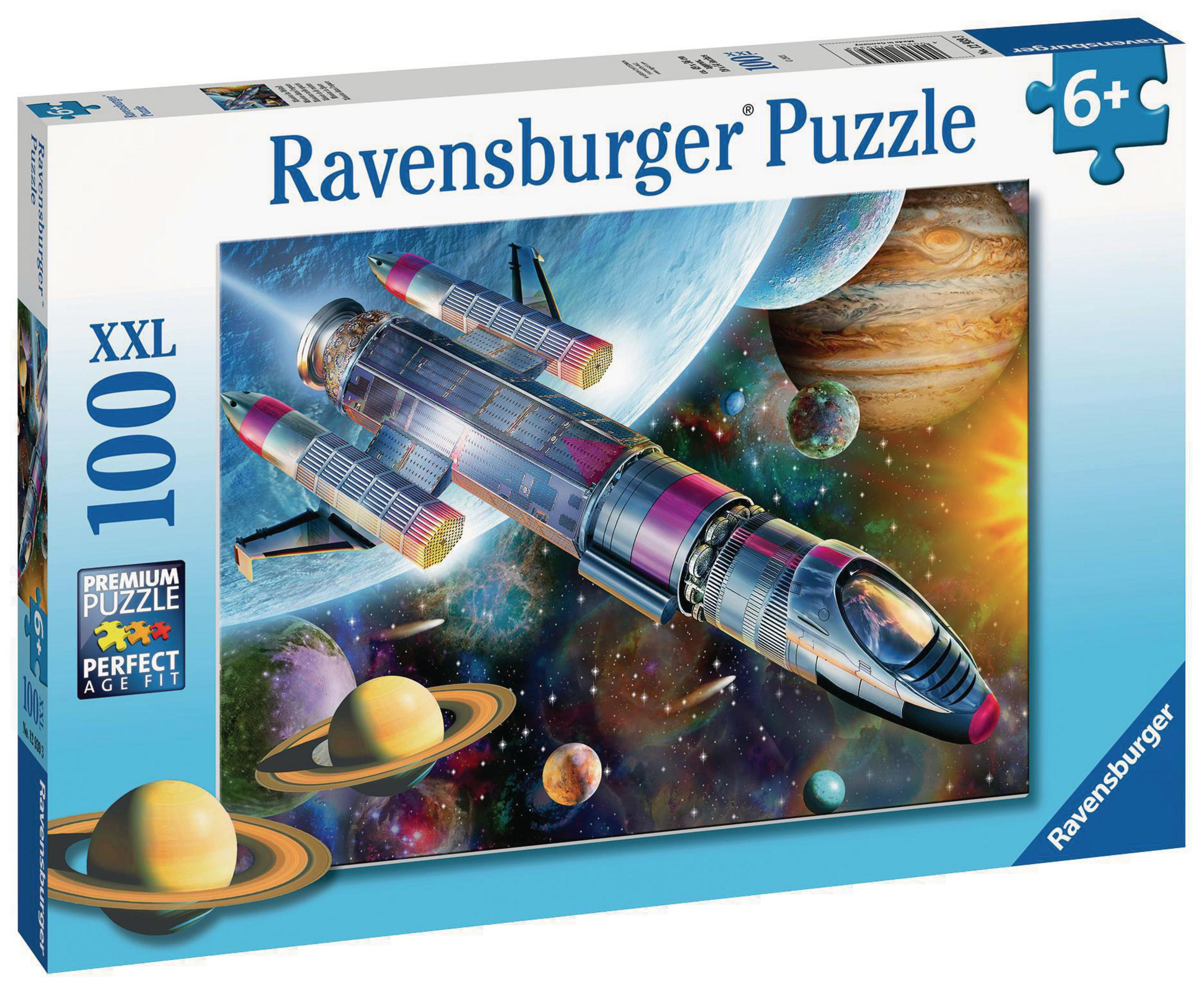 Puzzleschachtel mit einer Raumschiff-Illustration, Planeten und Sternen.