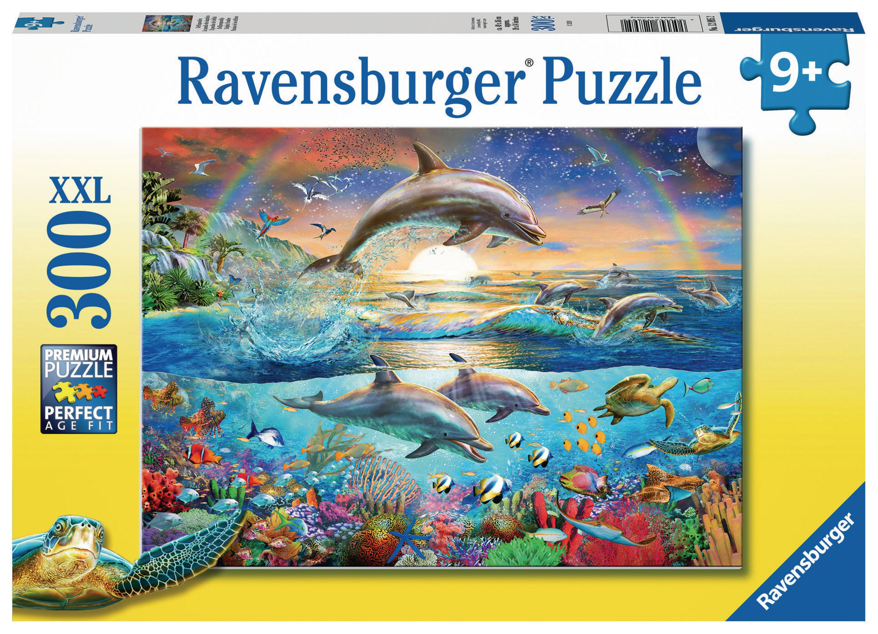 La scatola del puzzle mostra un delfino che salta fuori dall'acqua con un arcobaleno e vita marina.