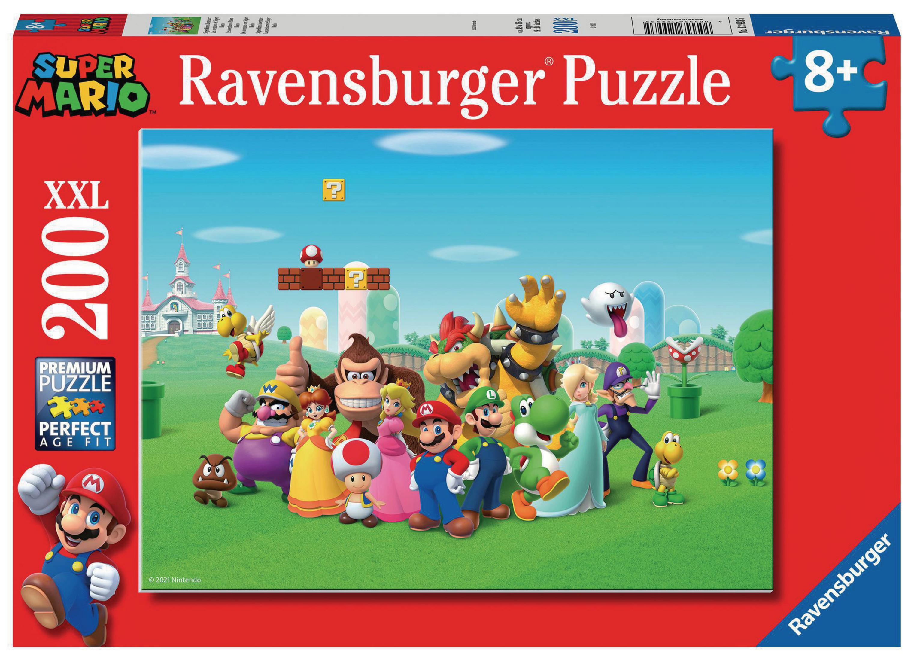Super Mario puzzeldoos. Mario en vrienden staan voor een kasteel, met een blauwe lucht en groen gras.