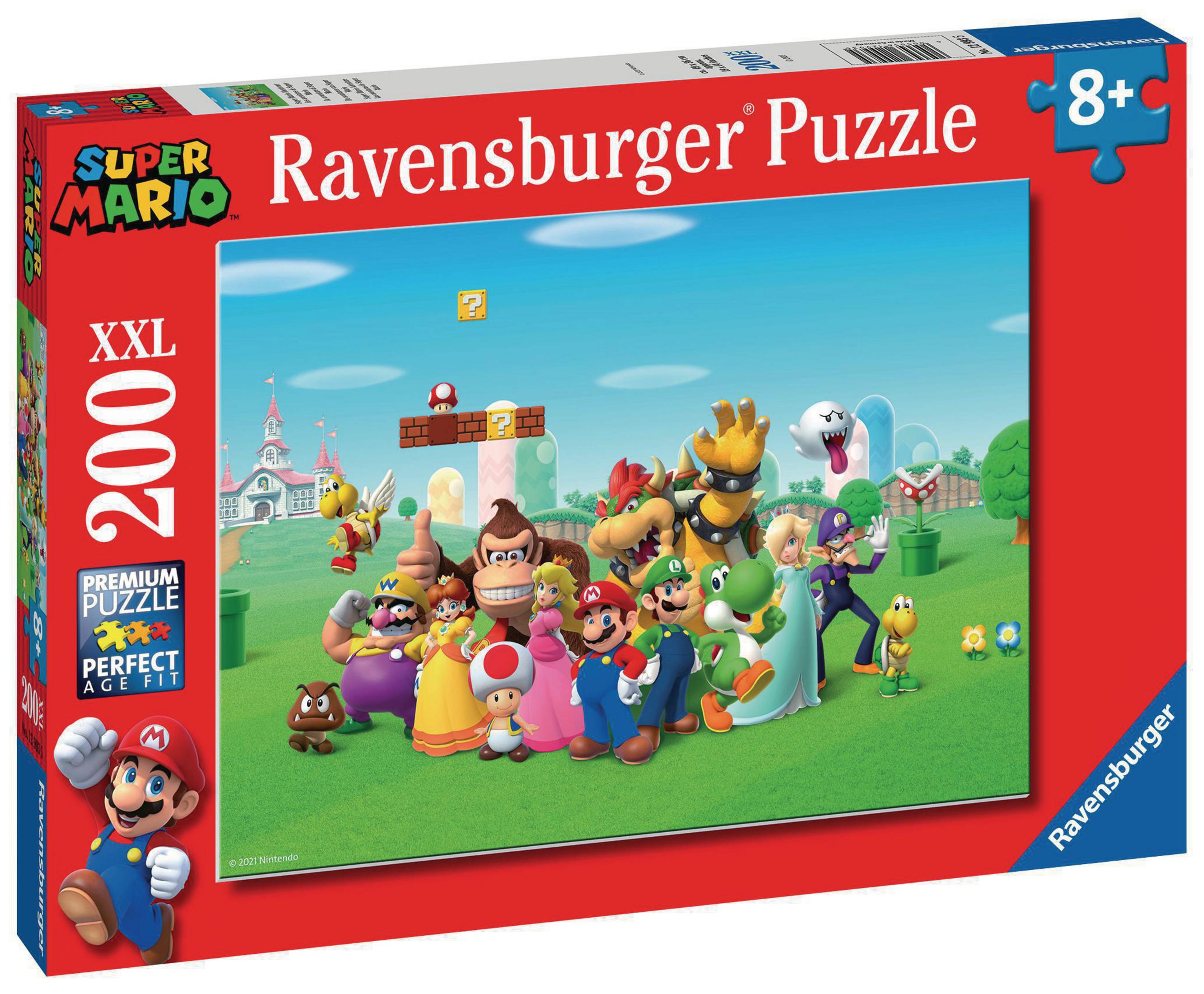 Doos van een 'Super Mario' puzzel. Afbeelding toont Mario en andere karakters uit het spel.
