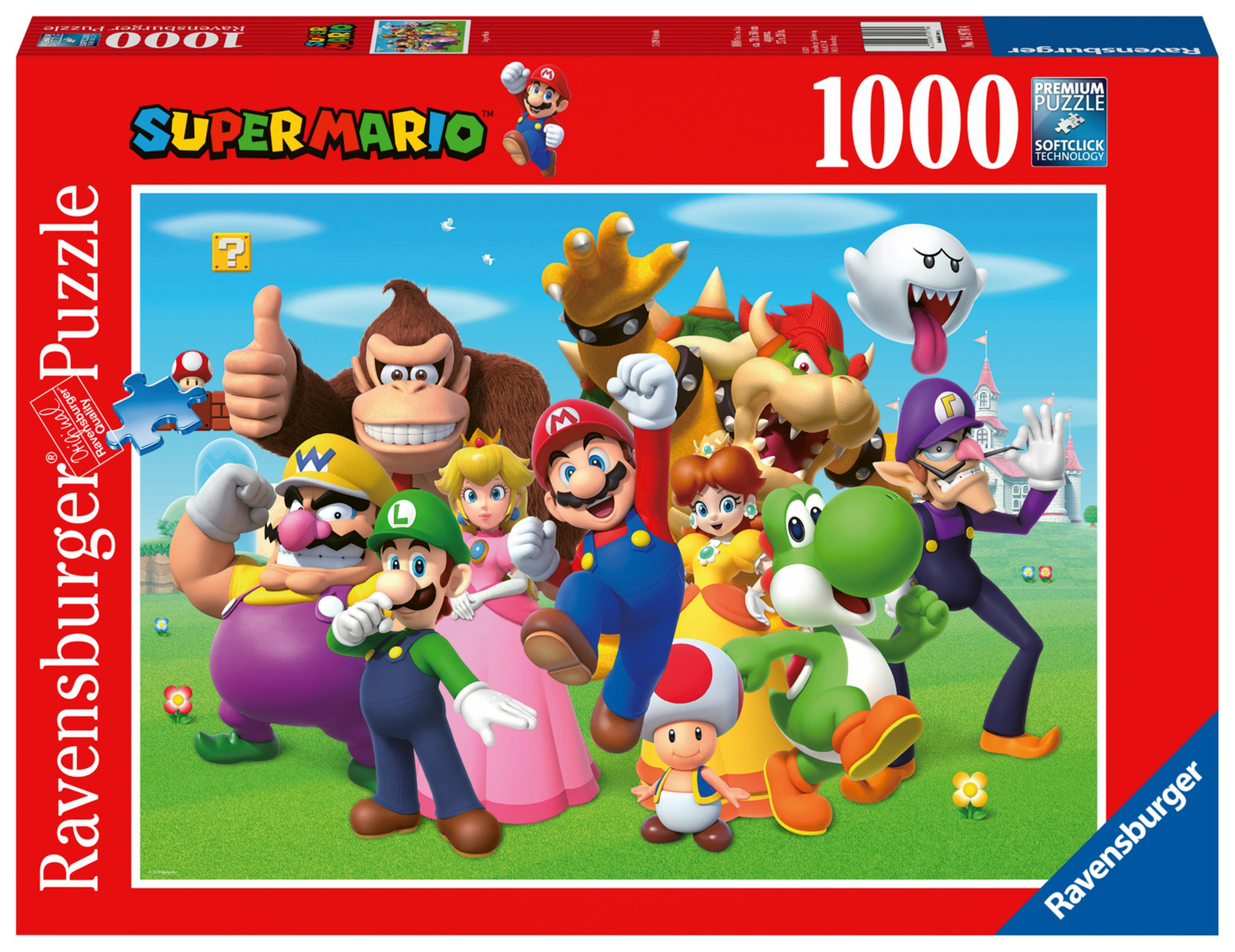 Super Mario Puzzle-Box. Mario und Freunde posieren vor einer grünen Wiese mit Schloss und Himmel im Hintergrund.