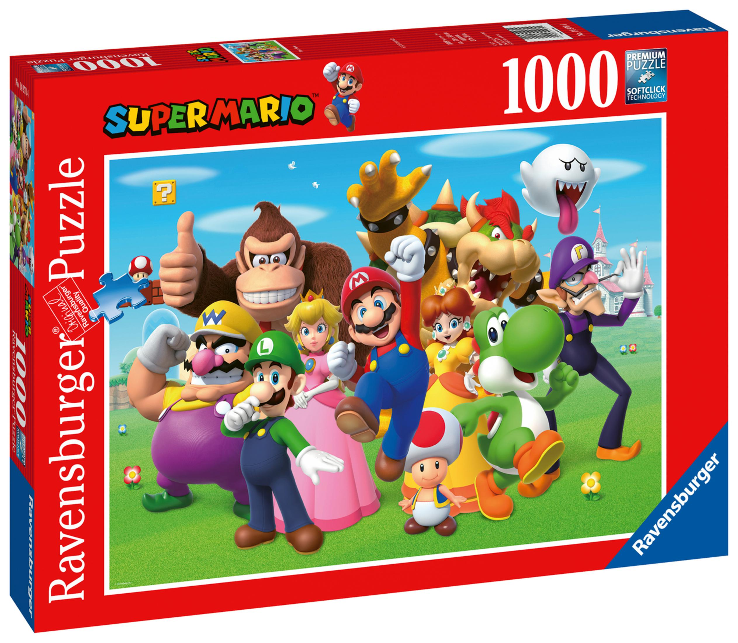 Super Mario Puzzlebox mit Mario und Freunden auf einem grünen Feld. 1000 Teile.