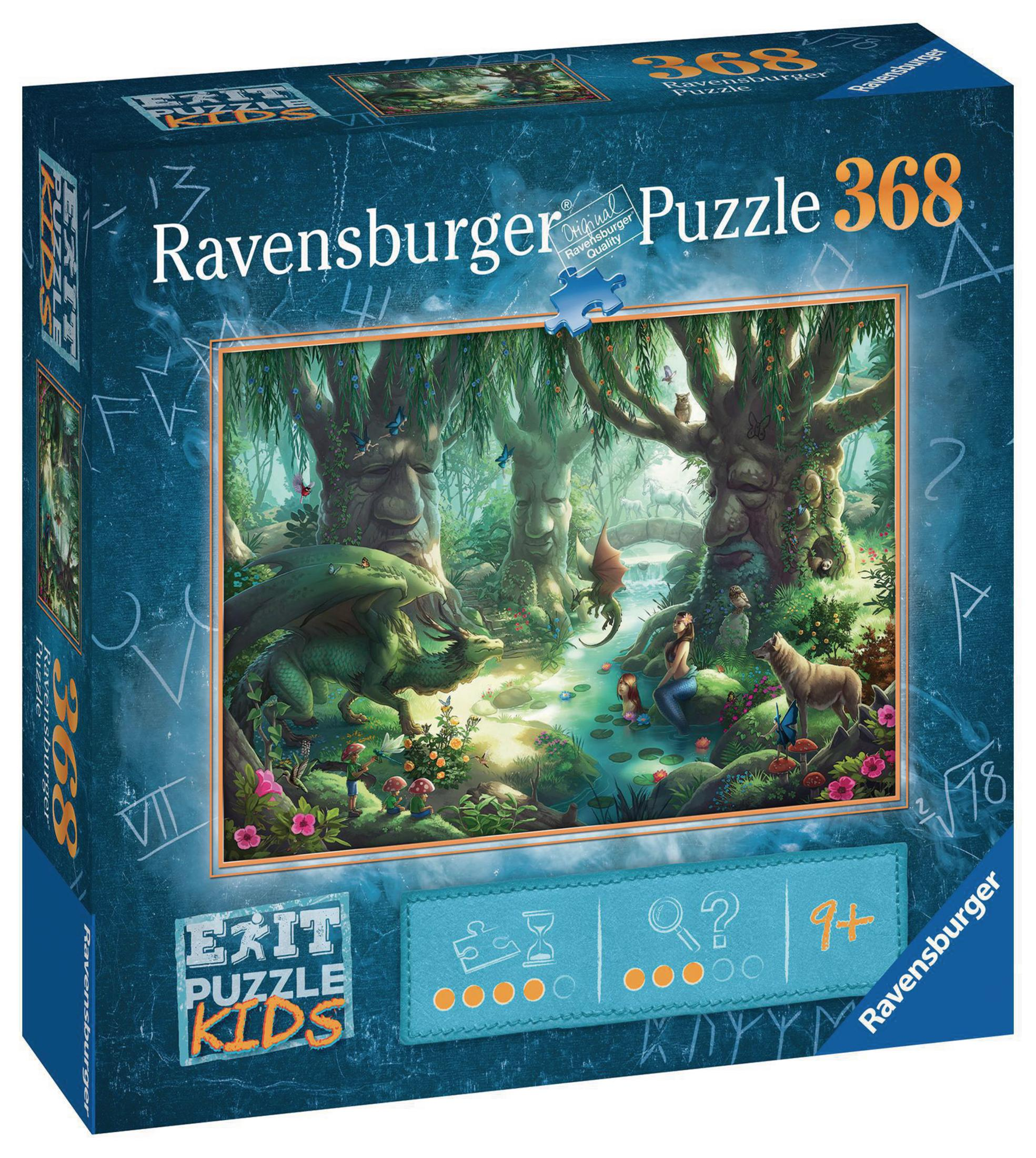 Una scatola di puzzle con una scena della foresta. La scena include draghi, una sirena e un ponte. La scatola ha del testo.