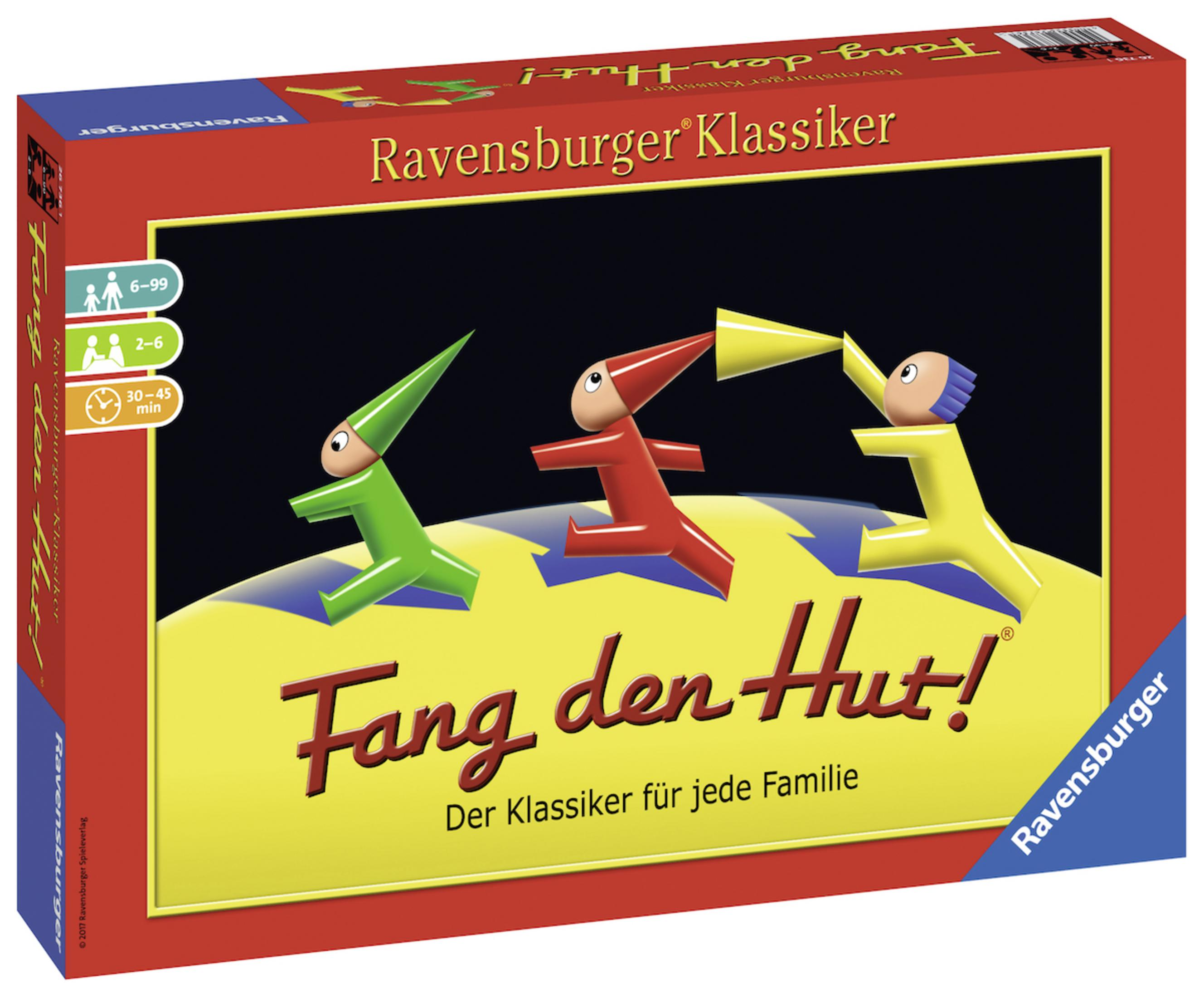 La scatola del gioco da tavolo "Fang den Hut!" con personaggi dei cartoni animati che corrono su uno sfondo giallo.