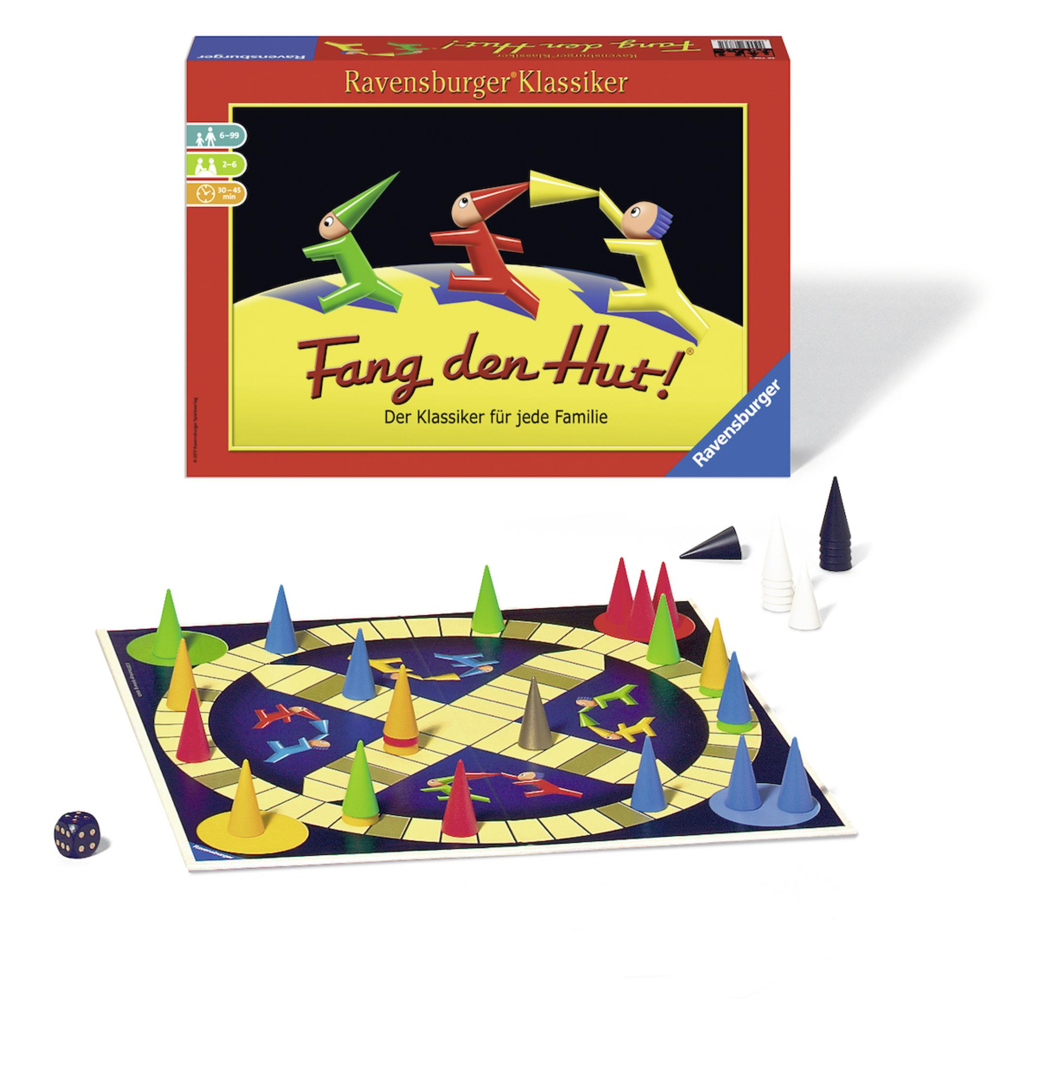 Scatola e tabellone per il gioco da tavolo Fang den Hut!. Presenta coni colorati e un dado.
