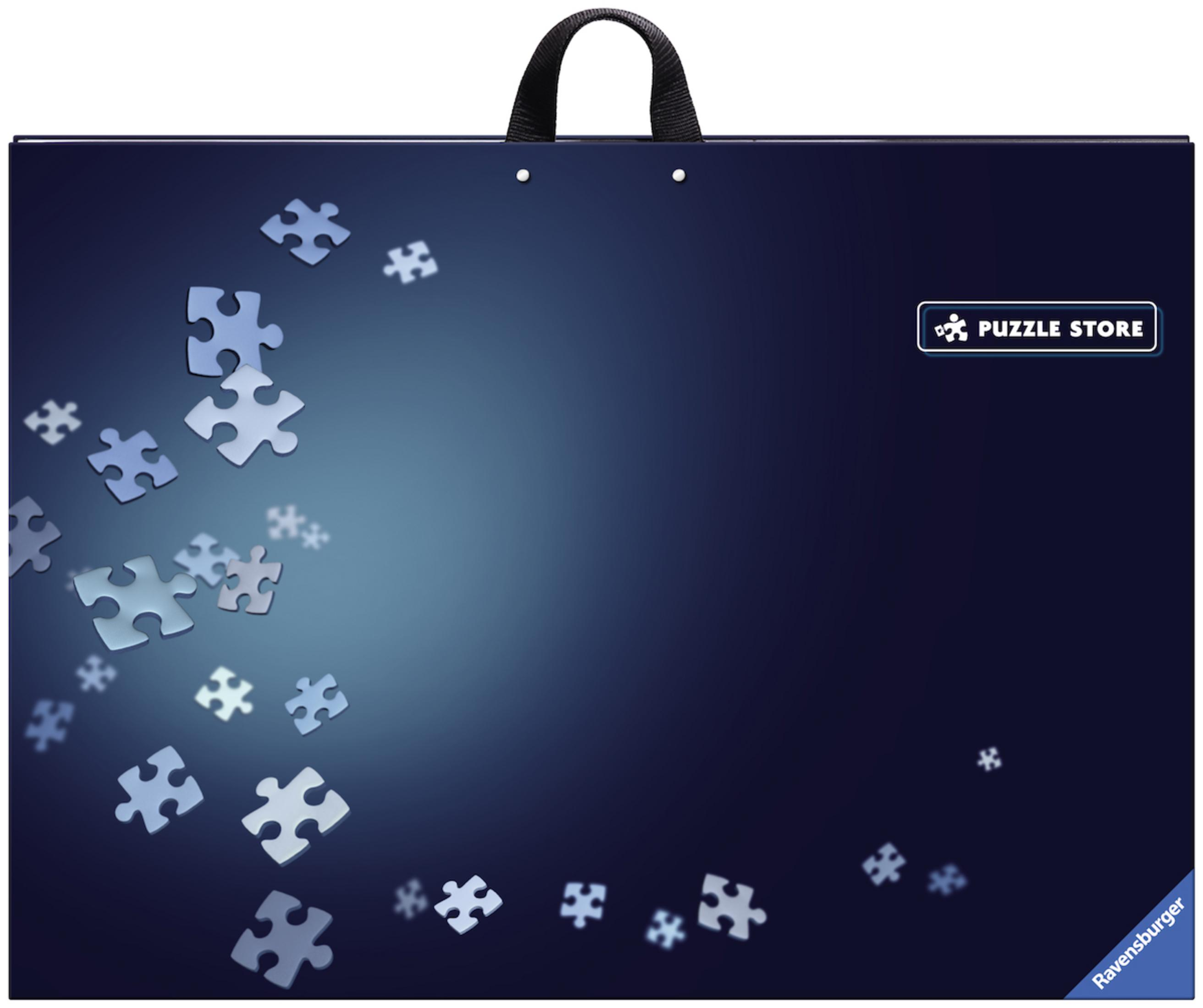 Eine blaue Einkaufstasche mit Puzzleteilen und dem Text Puzzle Store.