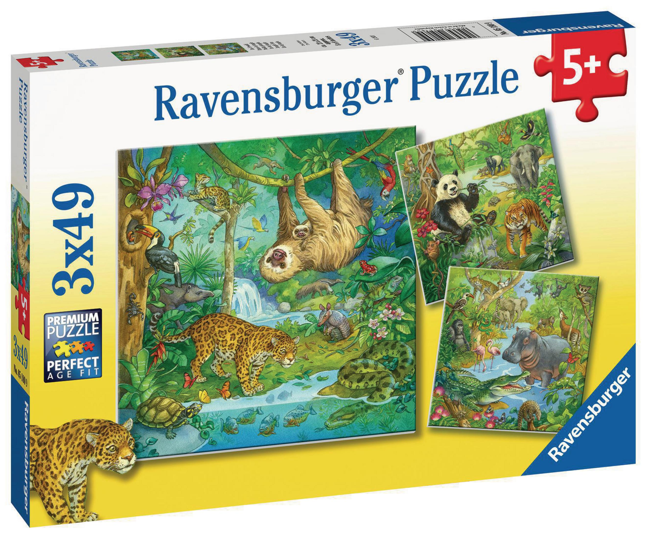 Puzzle-Box mit Dschungel-Szene. Zeigt ein Faultier, Jaguar, Panda und andere Tiere.