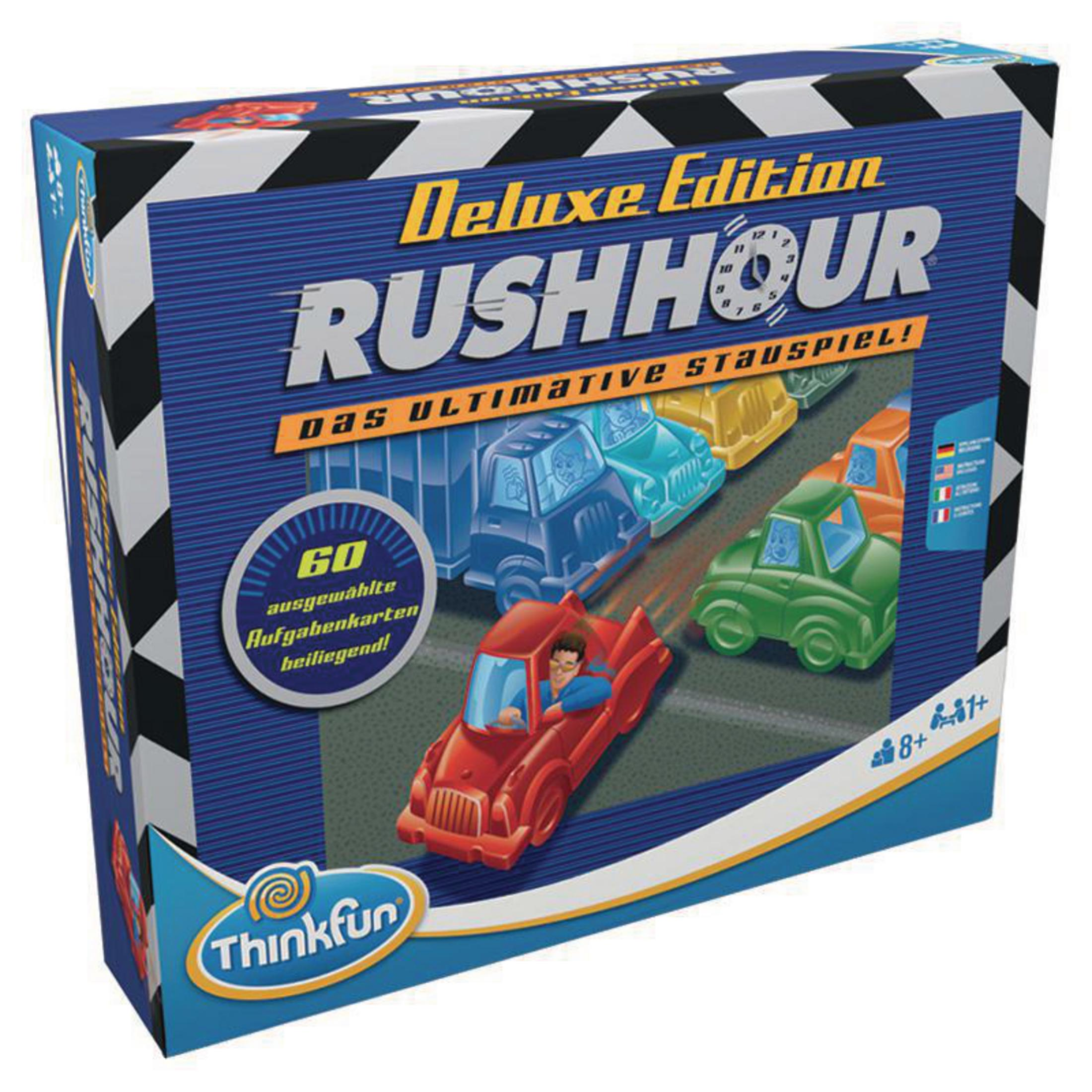 Eine Brettspielbox mit dem Thema Rush Hour mit bunten Autos im Verkehr und einem roten Auto.