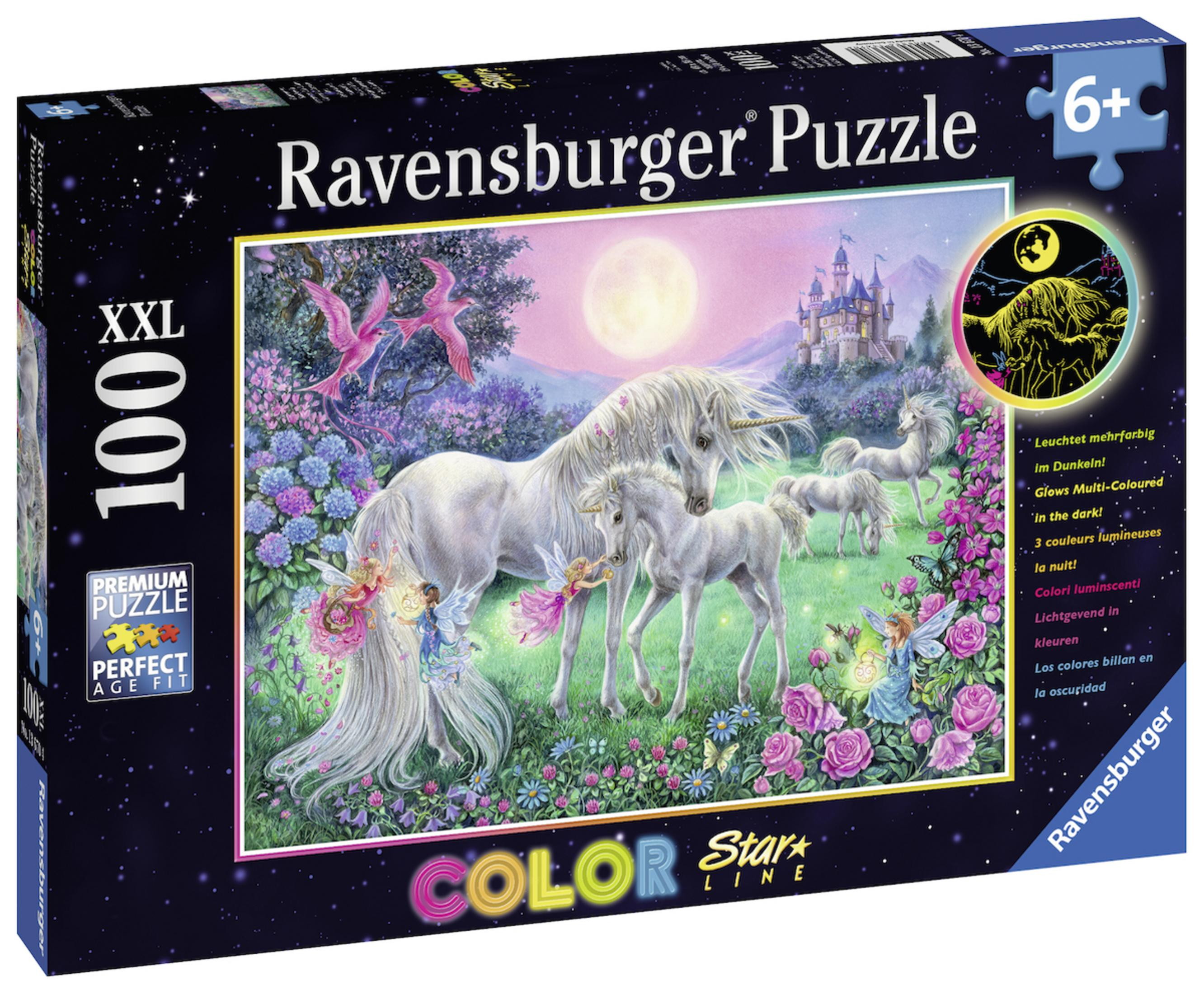 Una scatola di puzzle con unicorni, fate, un castello e un cielo notturno.