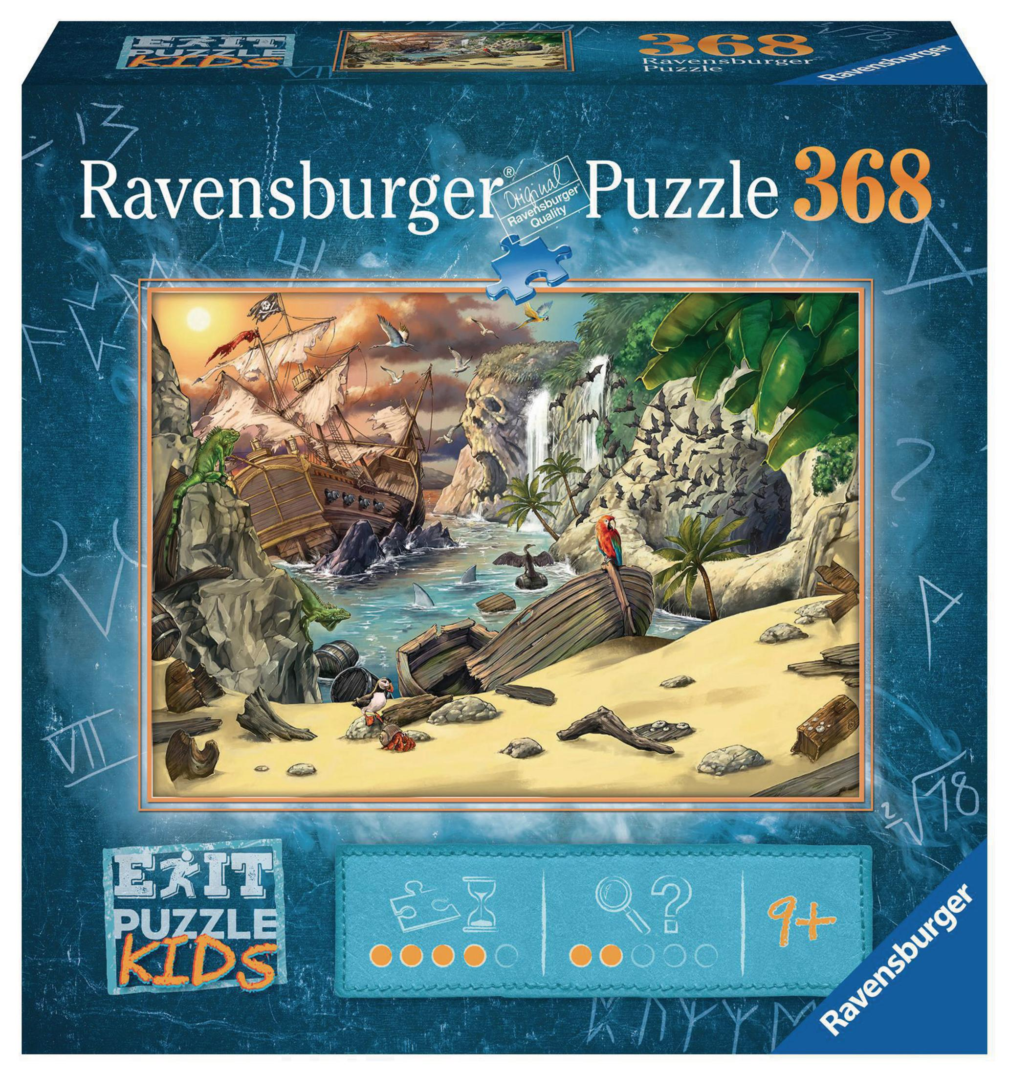 Scatola del puzzle Ravensburger 368. La scatola mostra una nave pirata su una spiaggia, con una cascata e un pappagallo.