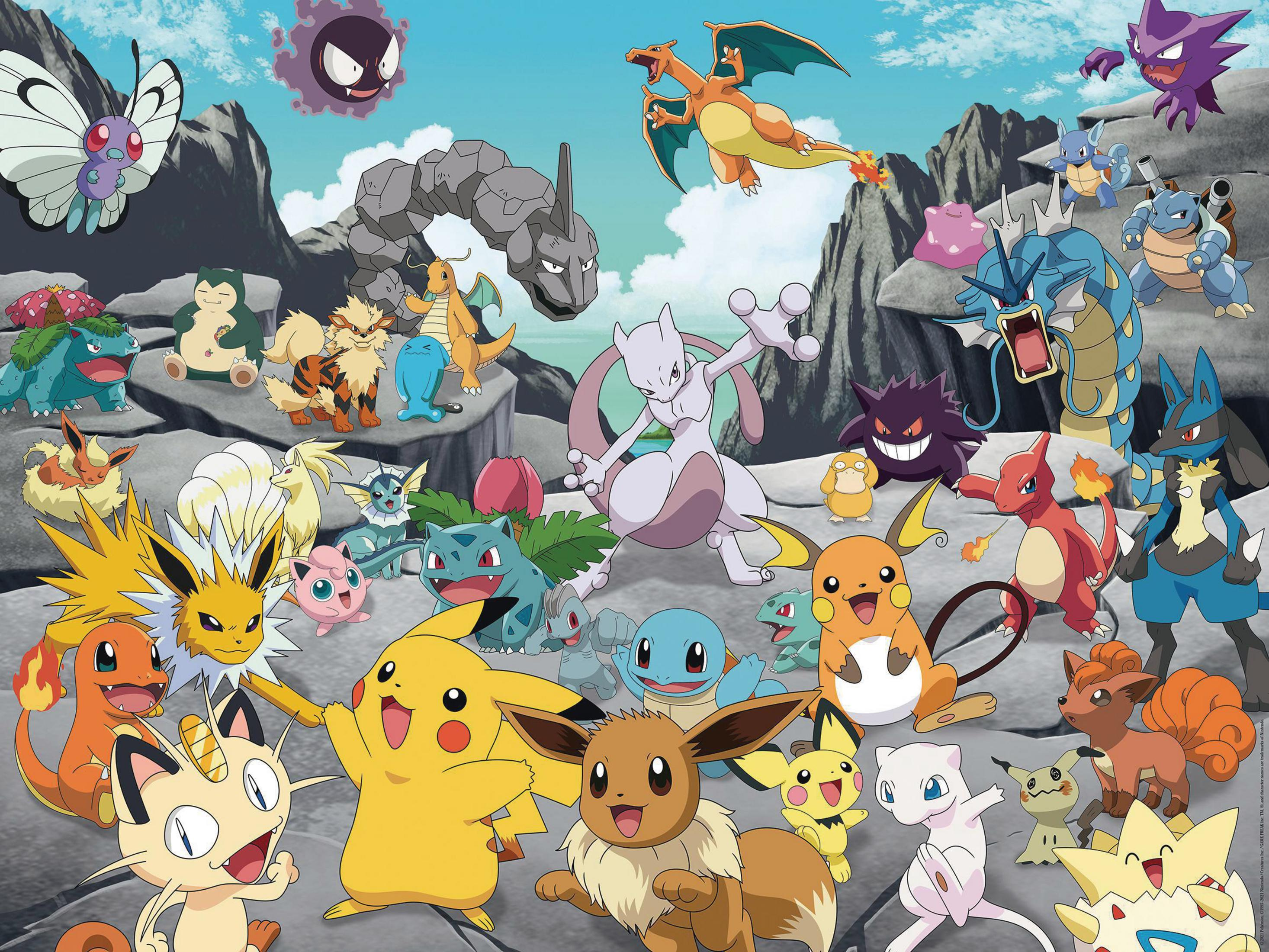 Eine Collage verschiedener Pokemon-Charaktere mit Landschaftshintergrund.