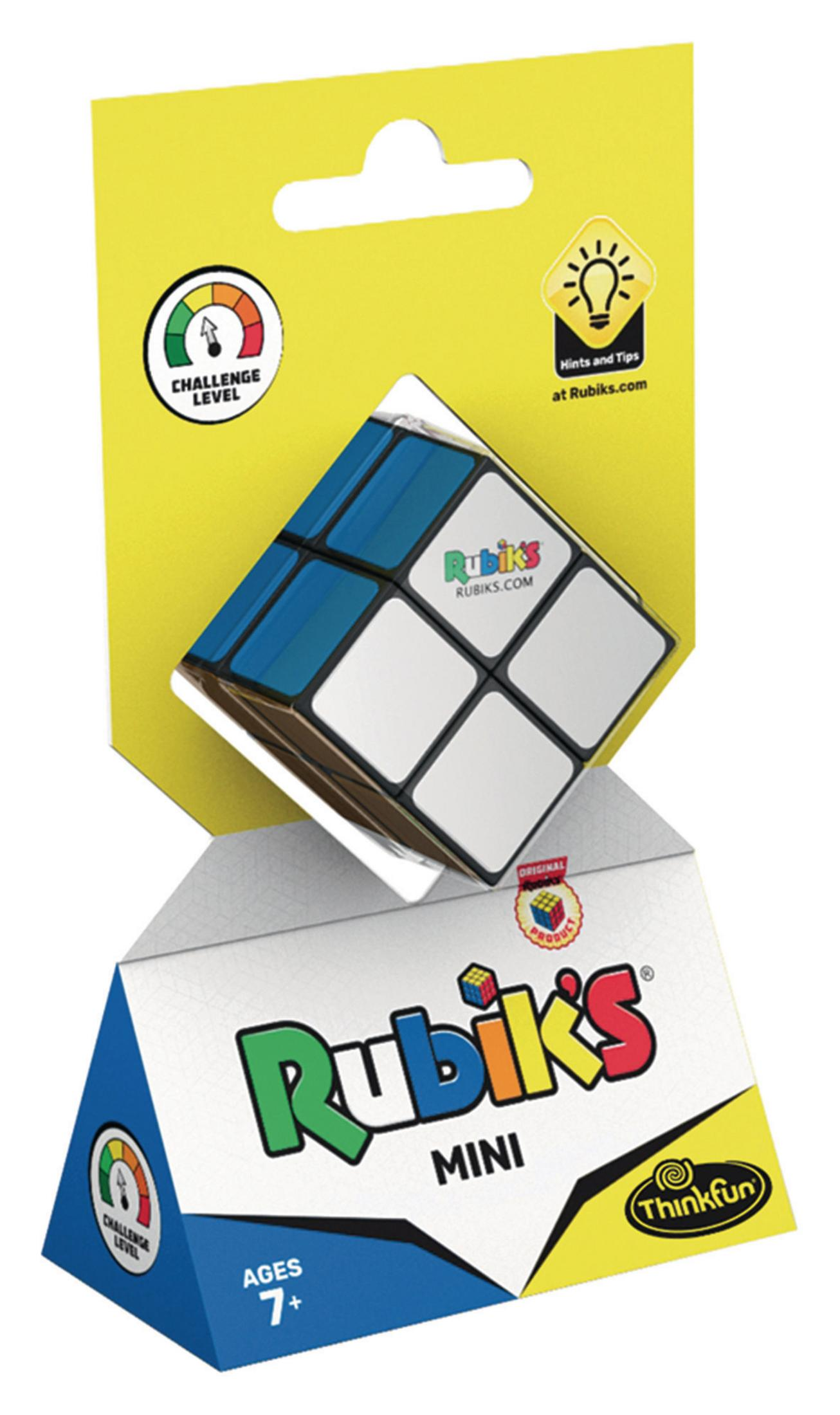 Ein Rubik's Mini-Würfel auf einer gelb-weißen Karte. Der Würfel ist weiß und blau. Die Box ist unten.