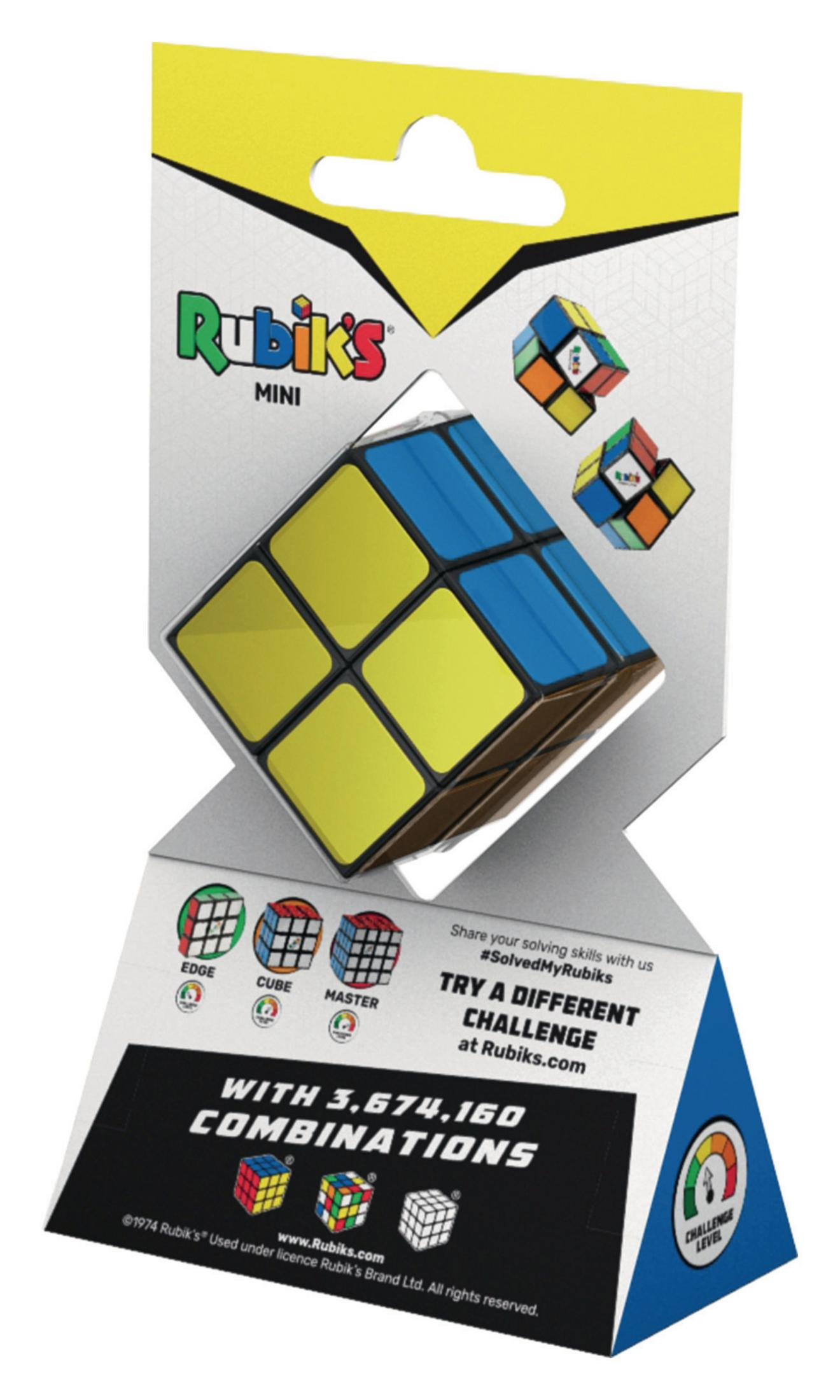 Rubik's Mini Puzzle-Verpackung, mit einem Mini-Würfel und Anweisungen, auf weißem Hintergrund.