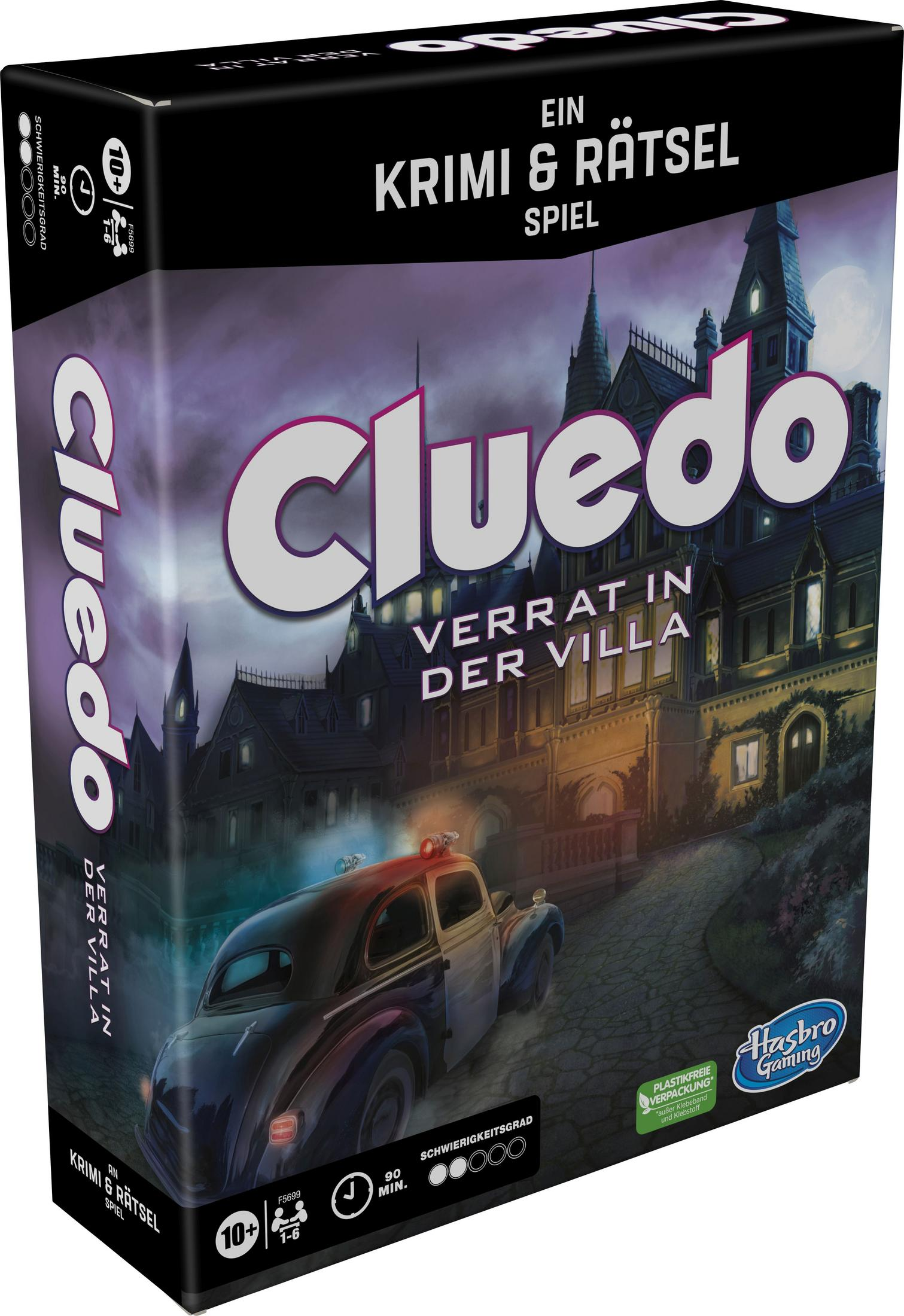 Schachtel des Cluedo-Spiels, zeigt ein Auto und ein Herrenhaus.