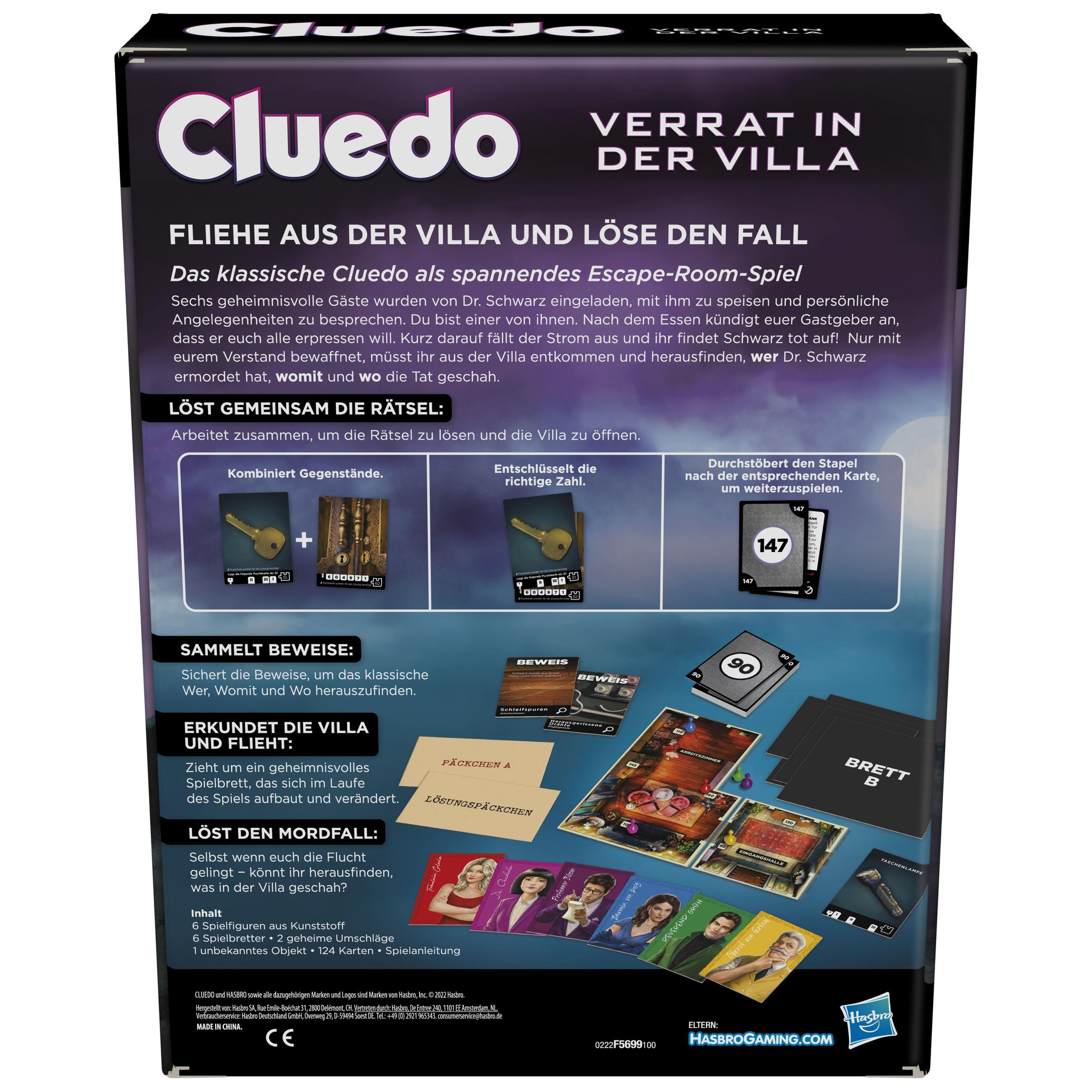 Cluedo-Brettspielbox. Text und Bilder des Spiels sind sichtbar.