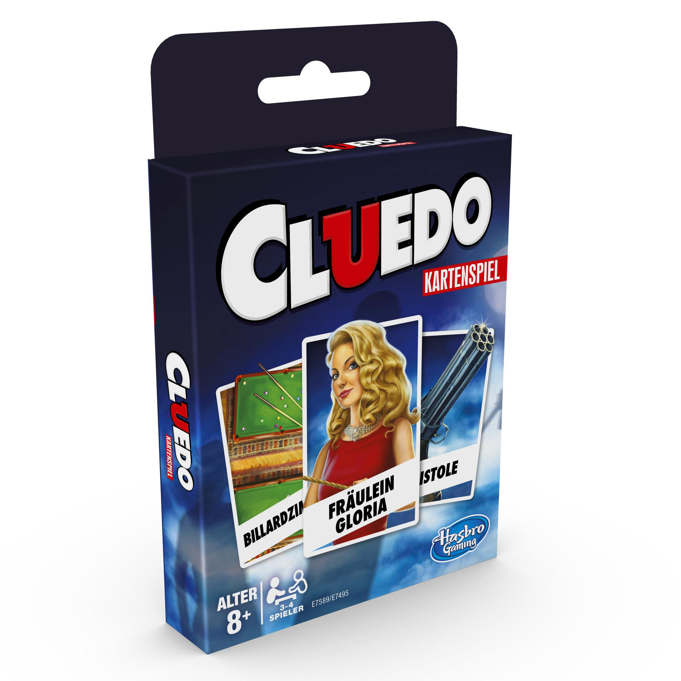 Eine Cluedo-Kartenspielbox mit Charakterkarten, einer Pistole und dem Titel.