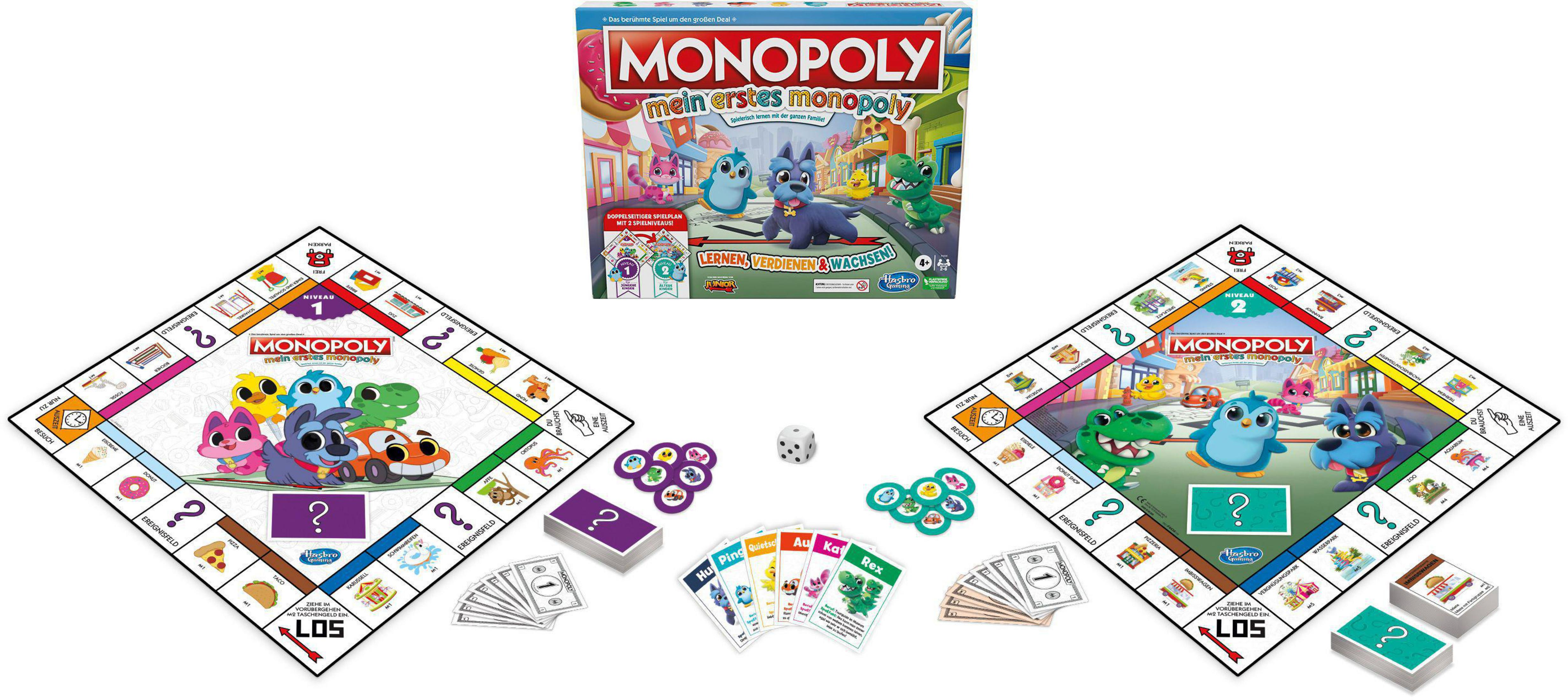 Monopoly-Brettspiel-Set mit zwei Spielbrettern und einer Box mit Zeichentrickfiguren.
