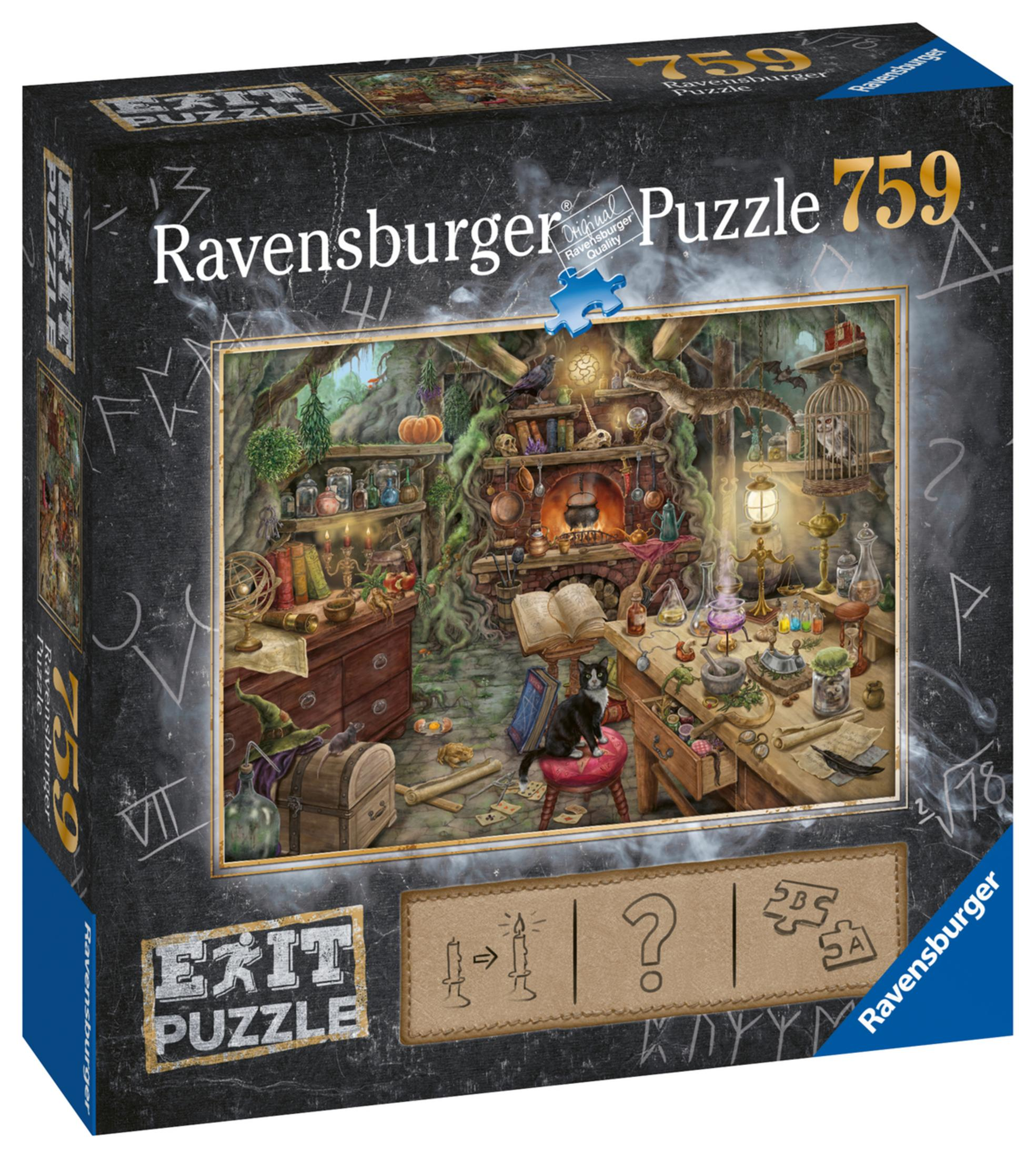 Pudełko z puzzlami Ravensburger. Ma obraz pokoju czarownicy. Puzzle składają się z 759 elementów.