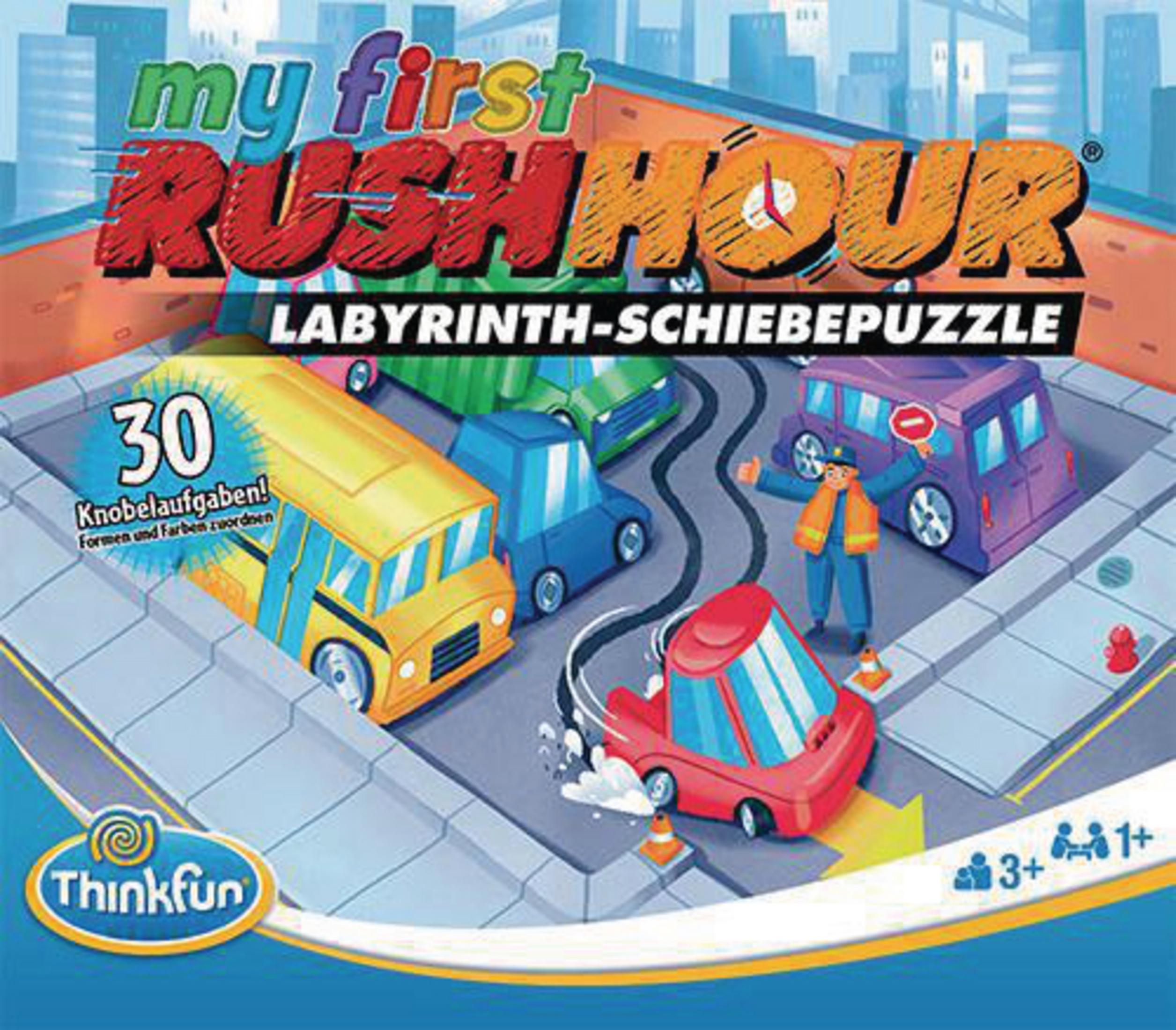 Ein Kinderspiel mit Autos und Hindernissen. Ein rotes Auto bewegt sich.