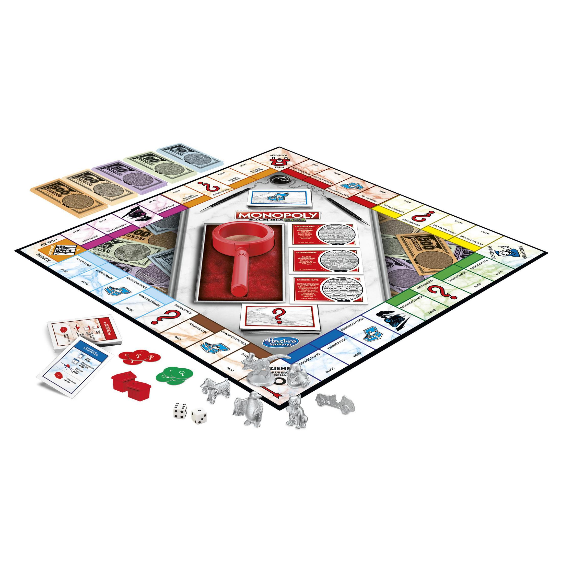 Gra planszowa Monopoly z pieniędzmi, kartami, domami, kostkami i metalowymi pionkami na białej powierzchni.