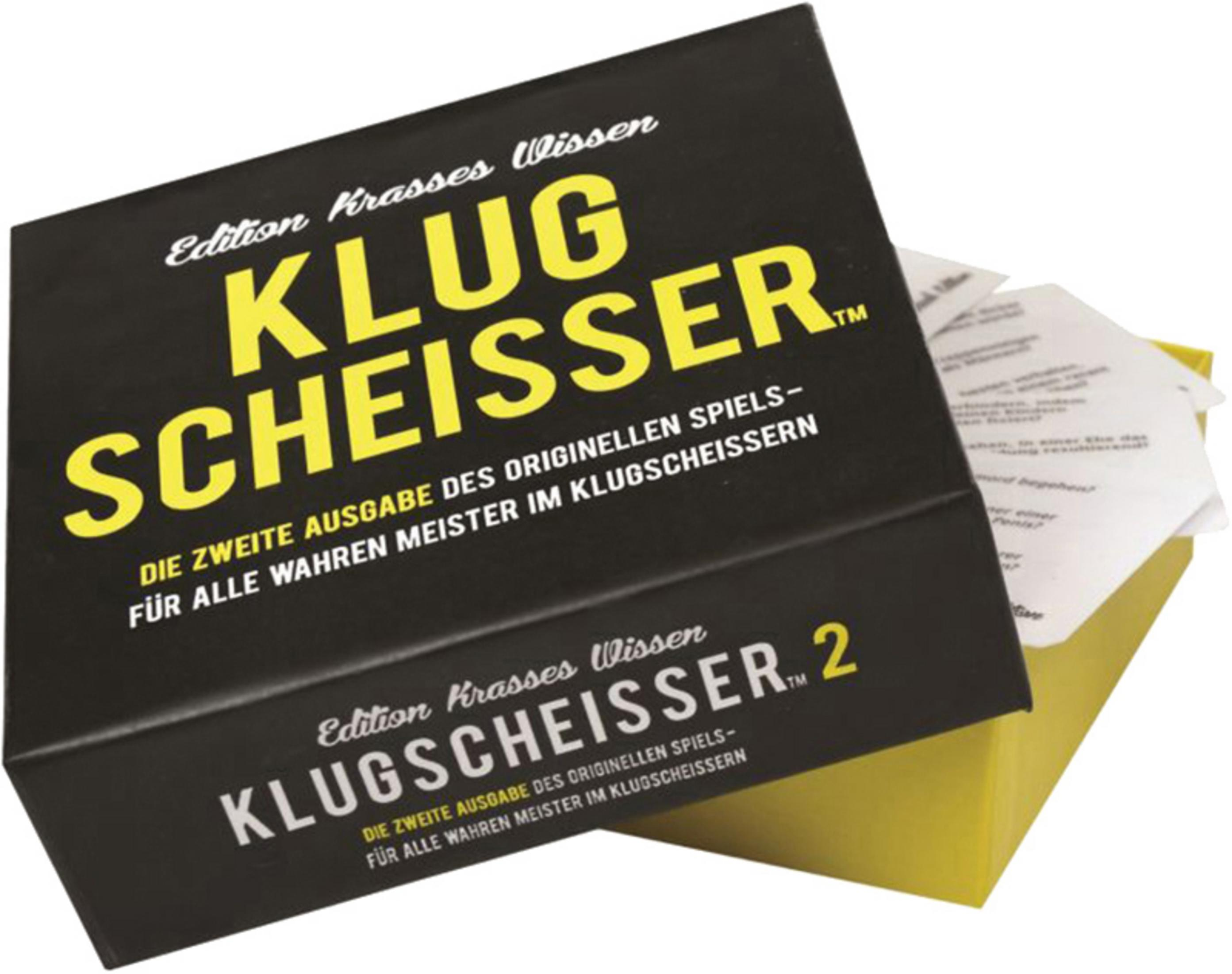 Schwarze Box mit gelbem Text, ein Spiel namens 'KLUGSCHEISSER'.