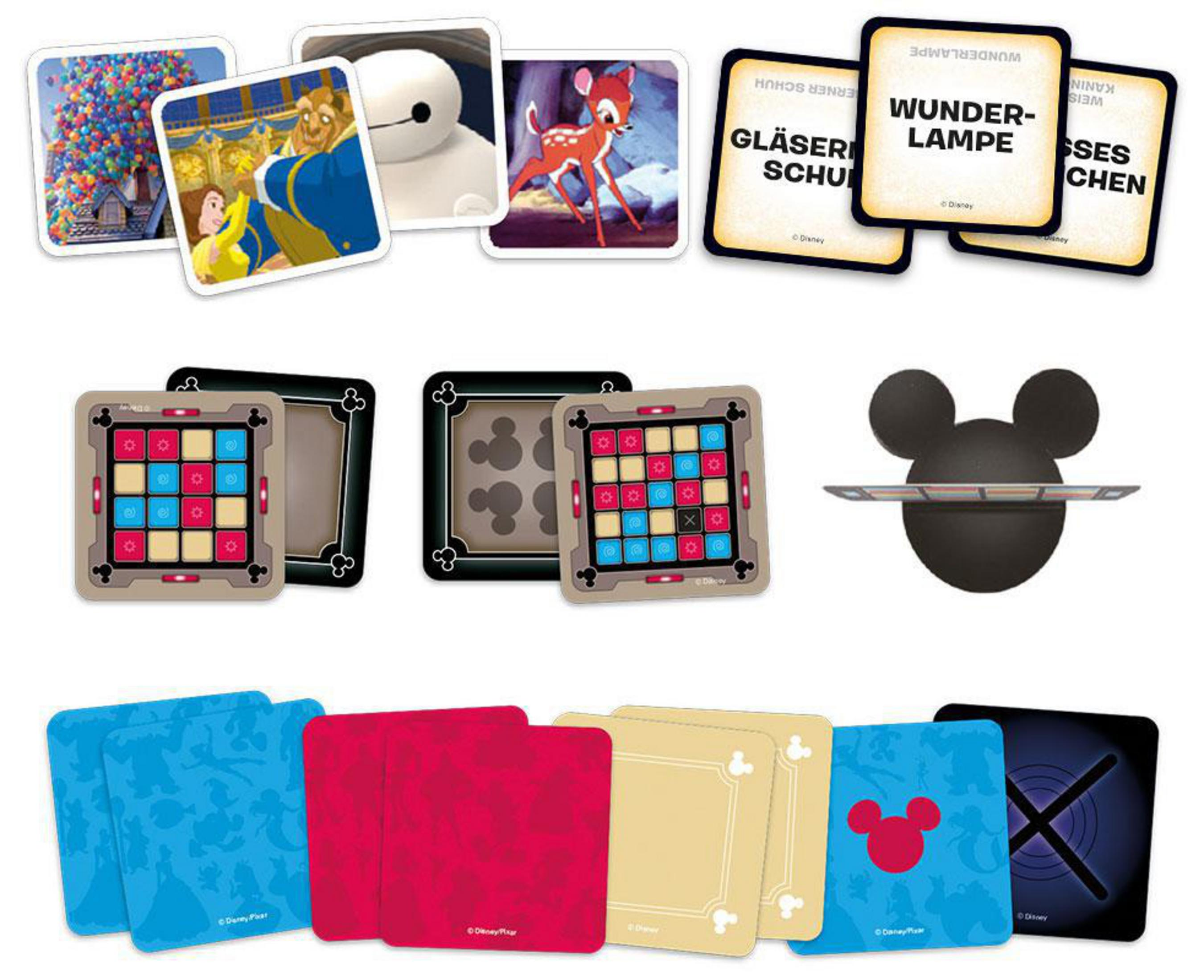 Disney-Themen-Kartenspielkomponenten. Karten mit Disney-Figuren und Mickey Mouse-Spielsteinen.