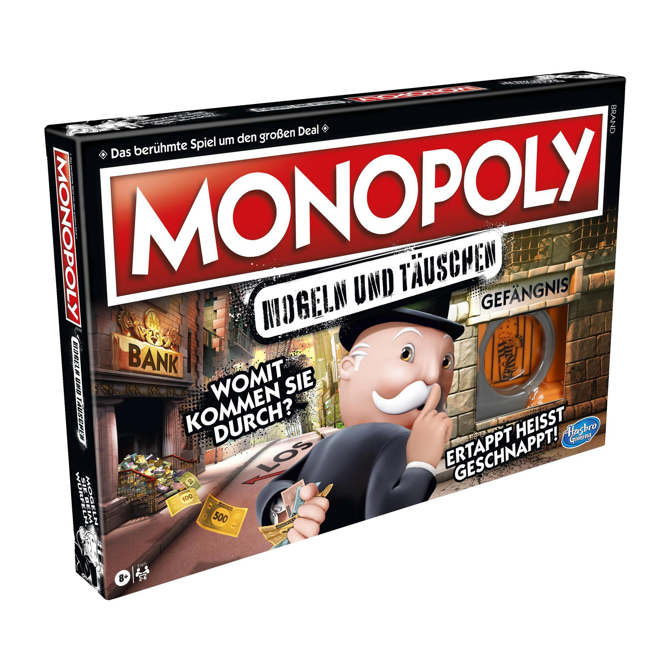 Monopoly-Brettspielbox mit einem Betrugsthema.