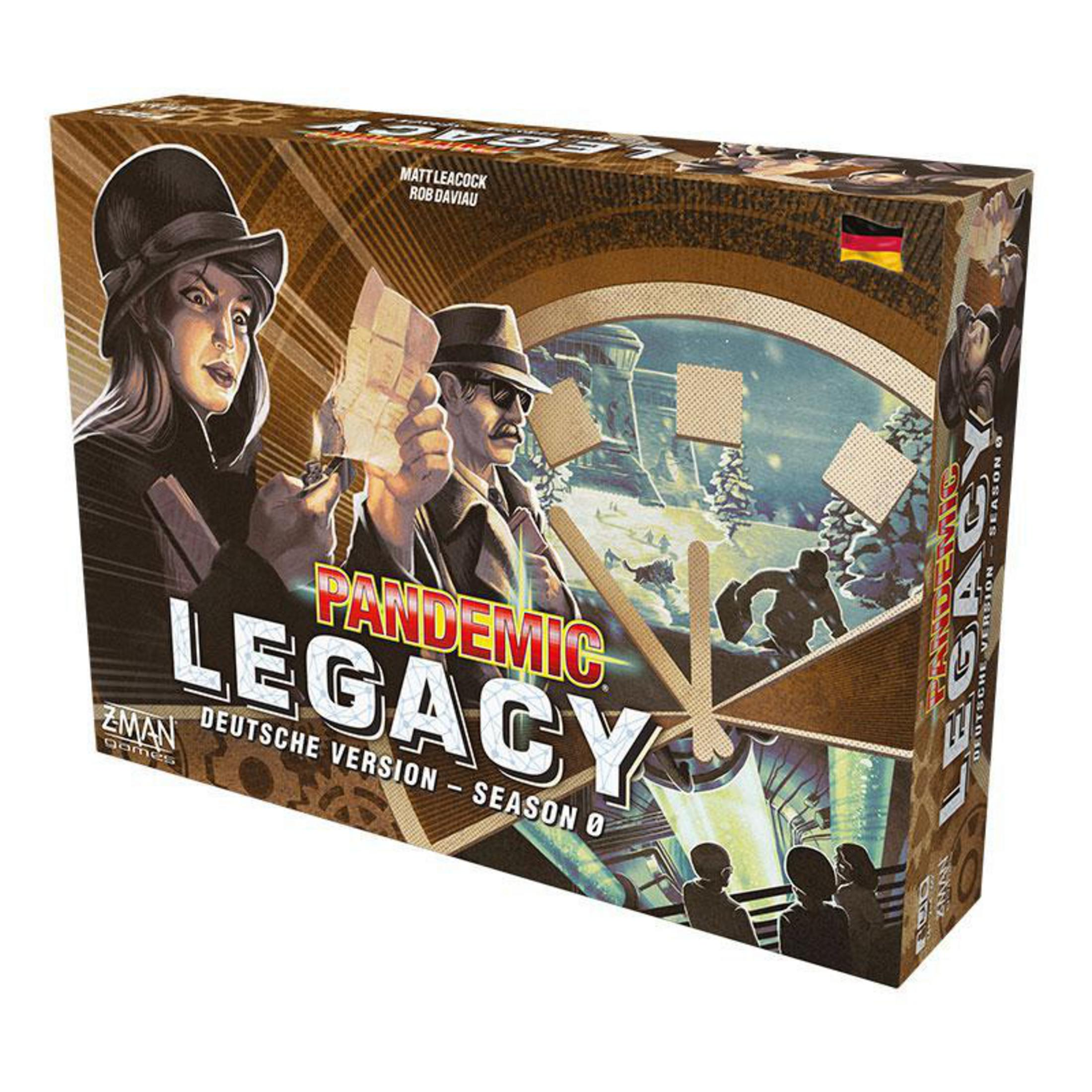 Pandemic Legacy Brettspielbox mit Vintage-Thema, mit einem Mann und einer Frau in historischer Kleidung.