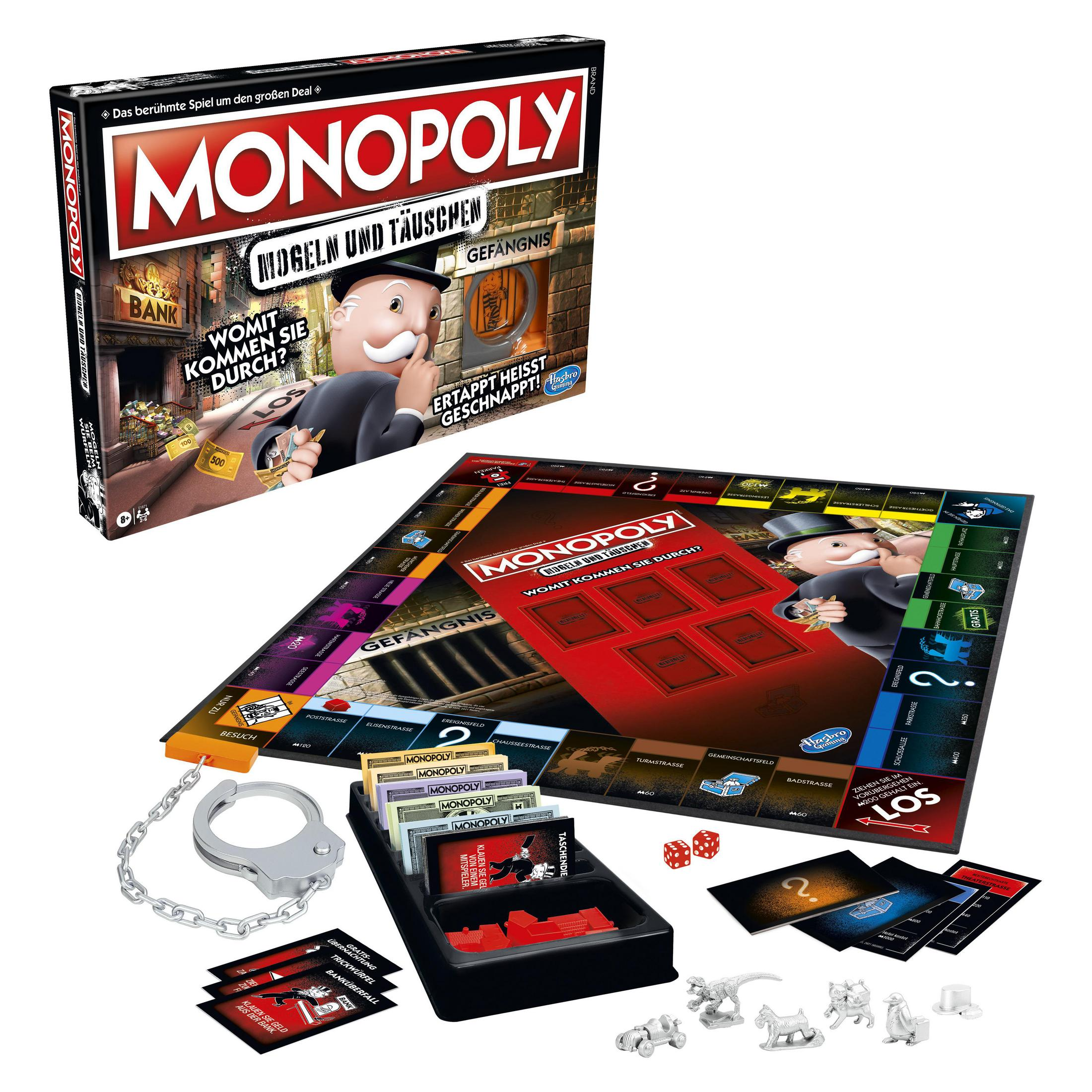 Monopoly-Brettspiel mit einer Box, die das Spiel zeigt. Das Spiel enthält Würfel, Karten und Spielsteine.