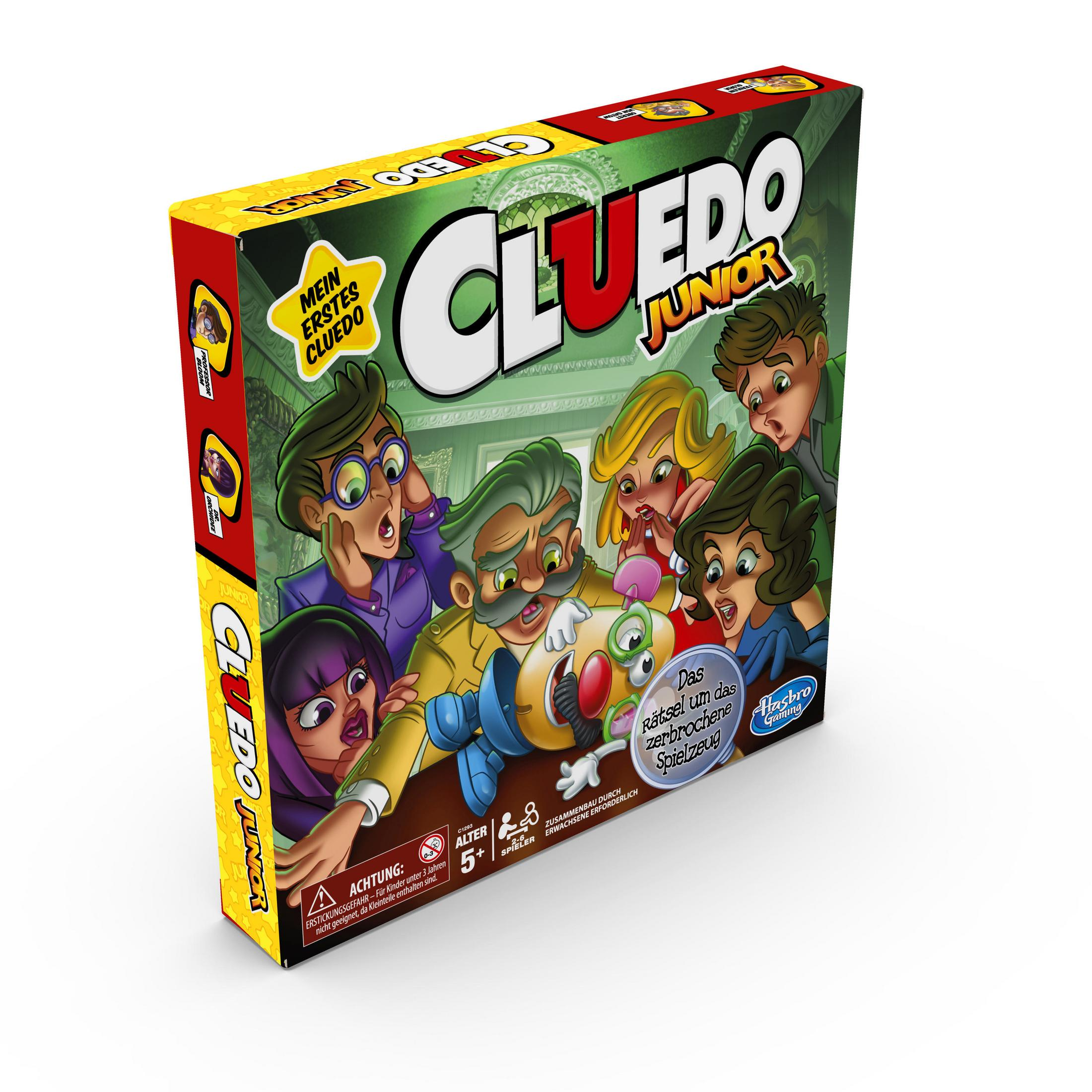 Cluedo Junior Spielbox. Die Box zeigt Cartoonfiguren in einer Mystery-Szene.
