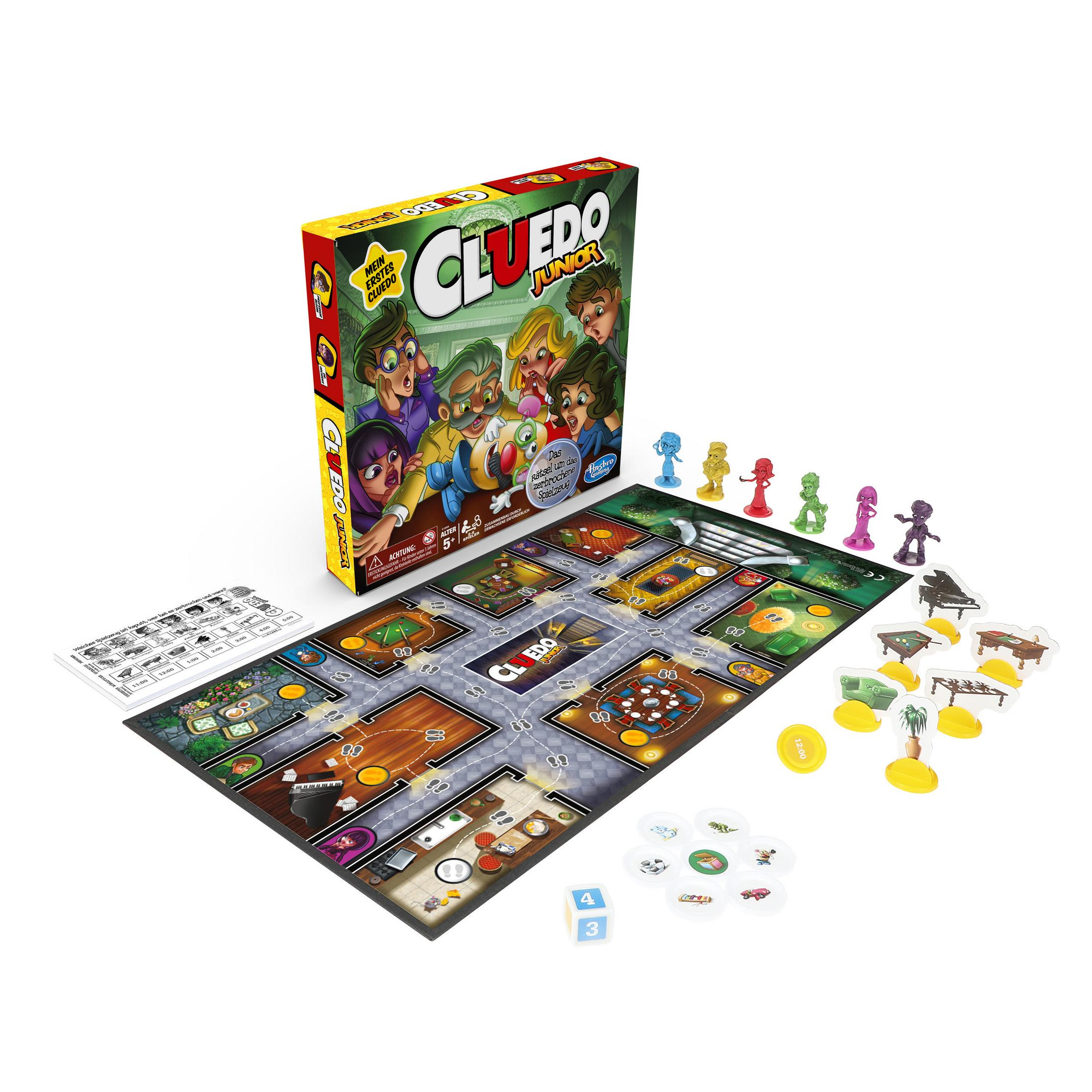 Cluedo Junior Brettspielset mit Figuren, Spielbrett, Karten und Zubehör.