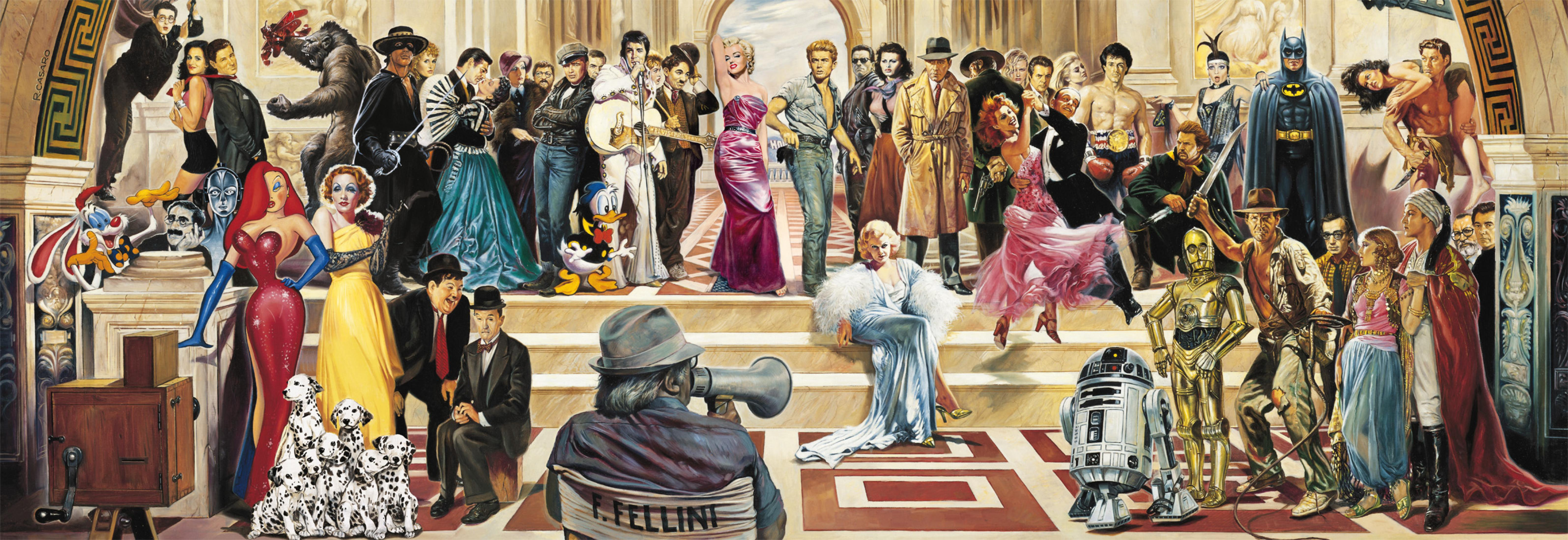 Ein Wandbild mit vielen berühmten Charakteren aus Filmen wie Batman, Marilyn Monroe und anderen.