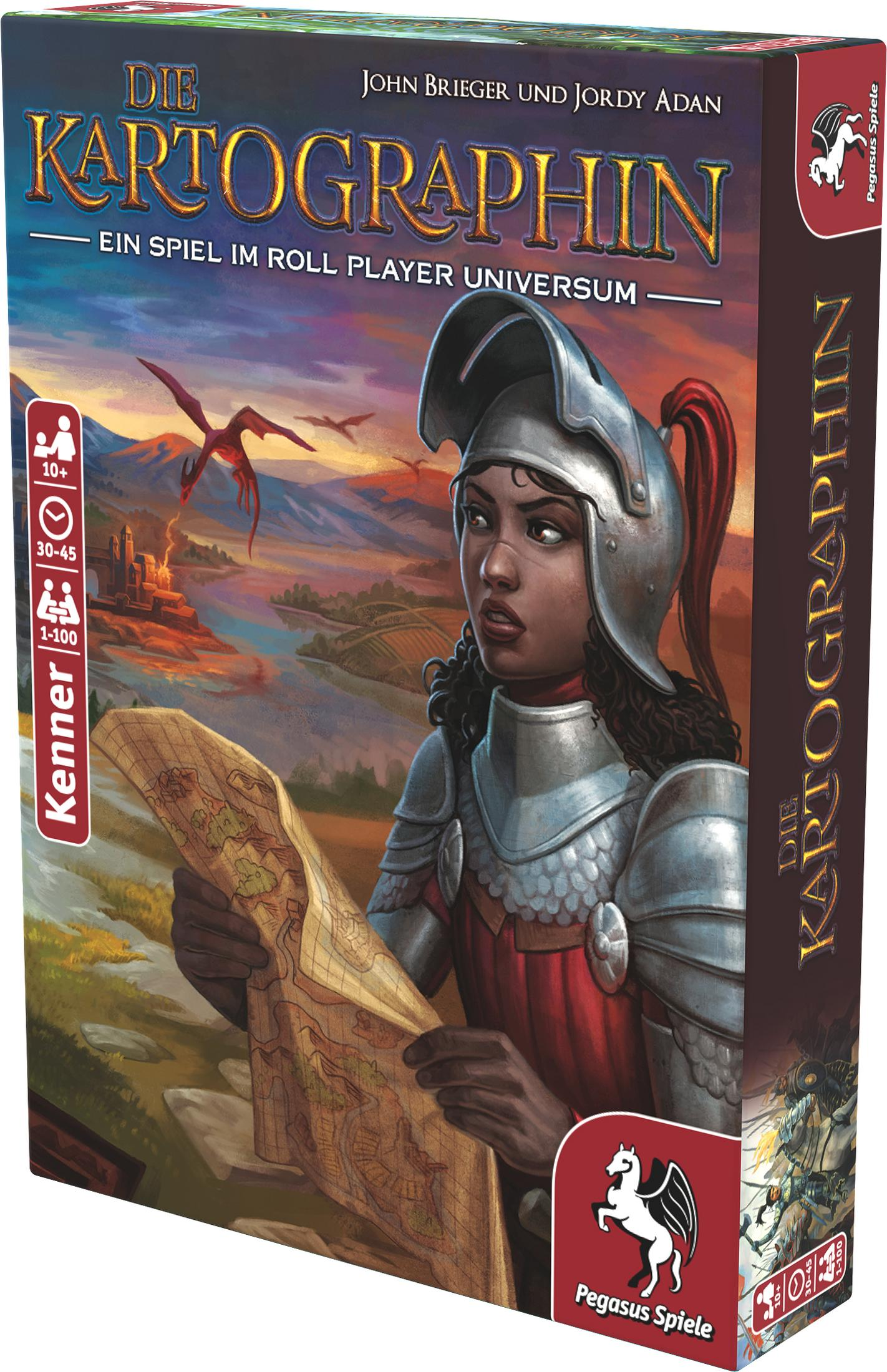 Pudełko gry planszowej: Die Kartographin. Przedstawia kobietę z mapą i smoka.