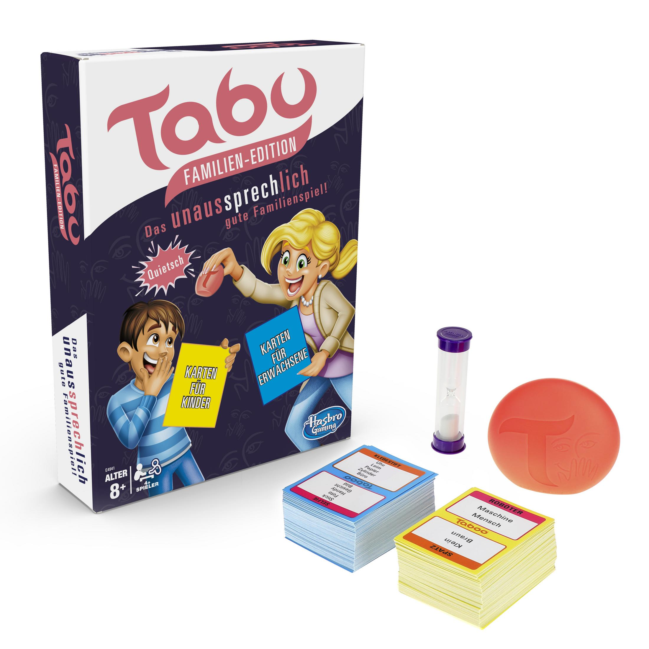 Tabu-Brettspielbox, Karten, Timer und ein roter Ball.