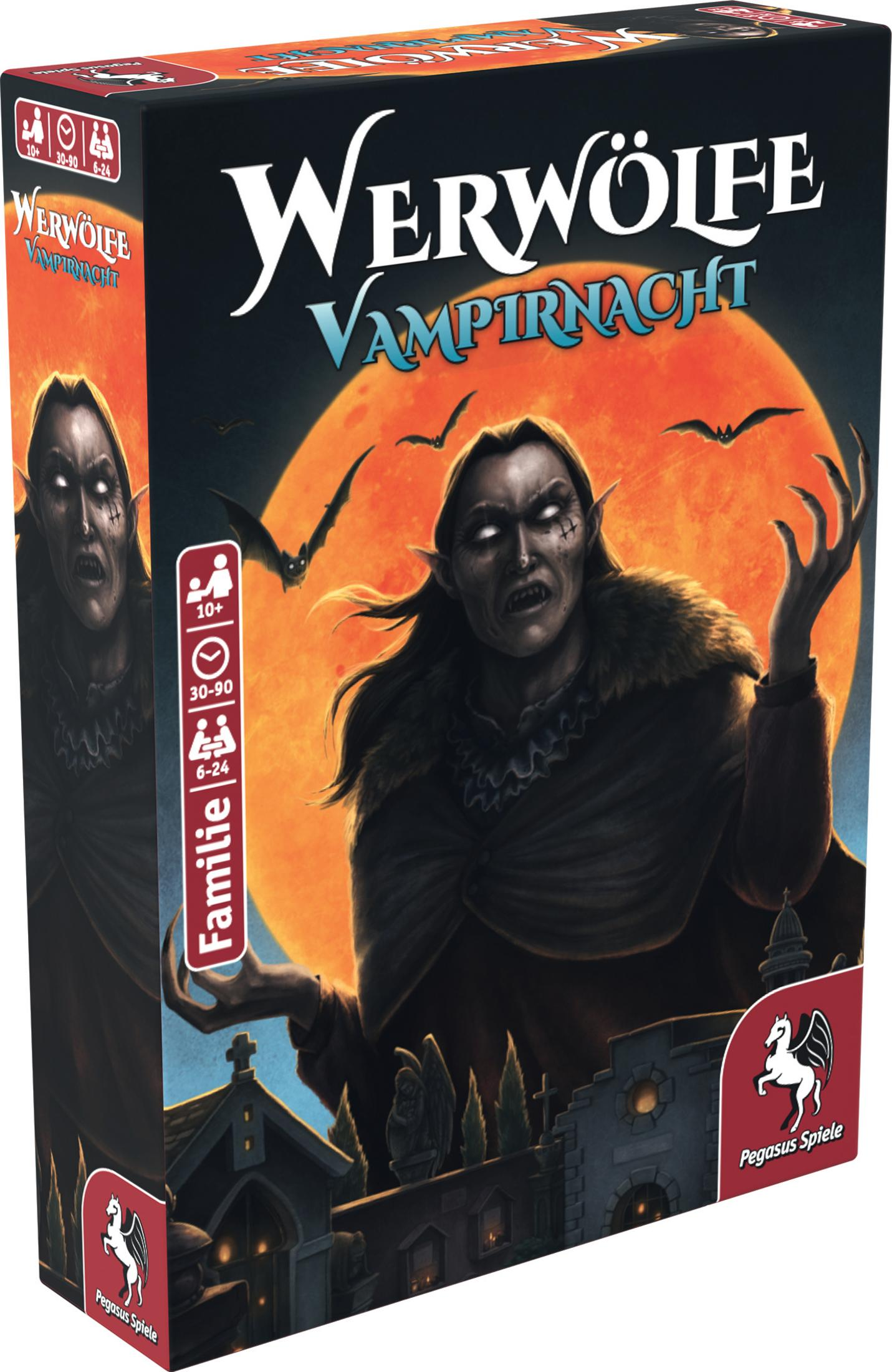 Boîte de jeu de société avec illustration de vampire contre lune rouge.
