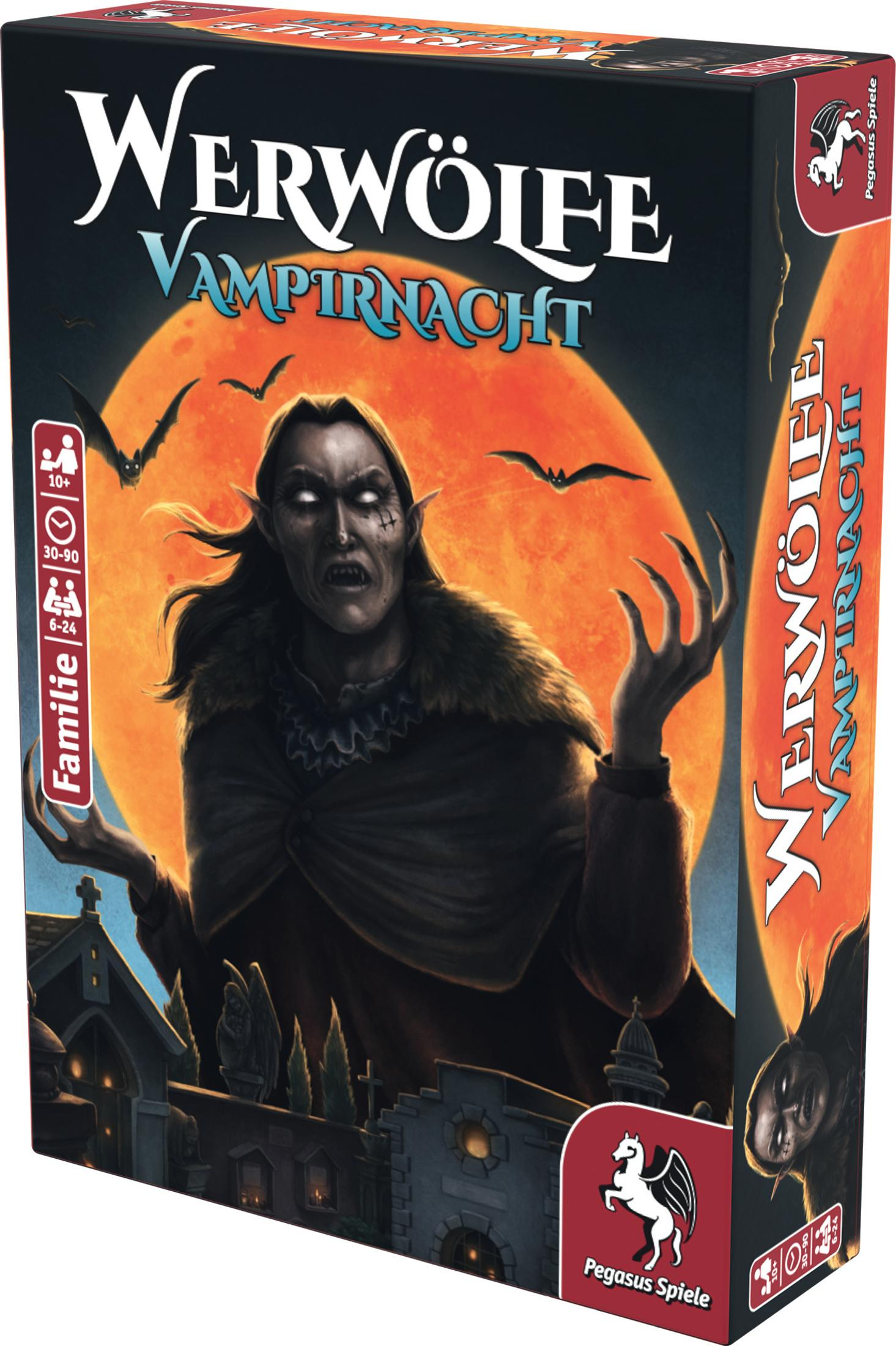 Boîte de jeu de société montrant un vampire avec une pleine lune et des chauves-souris en arrière-plan.