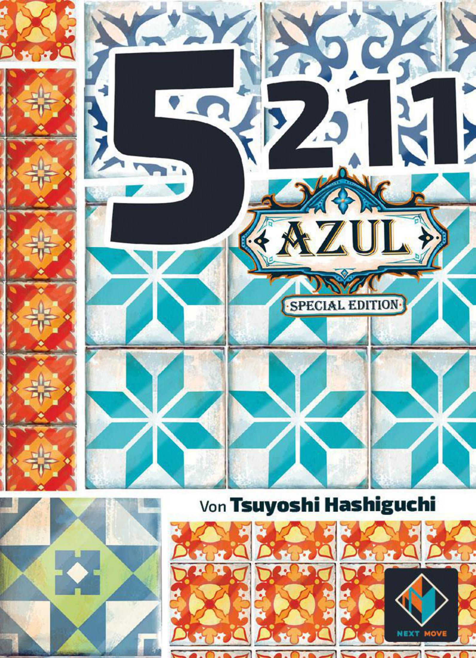 Azul-Brettspielbox mit Kacheln und Zahlen auf weißer Oberfläche. Text: Azul Special Edition.